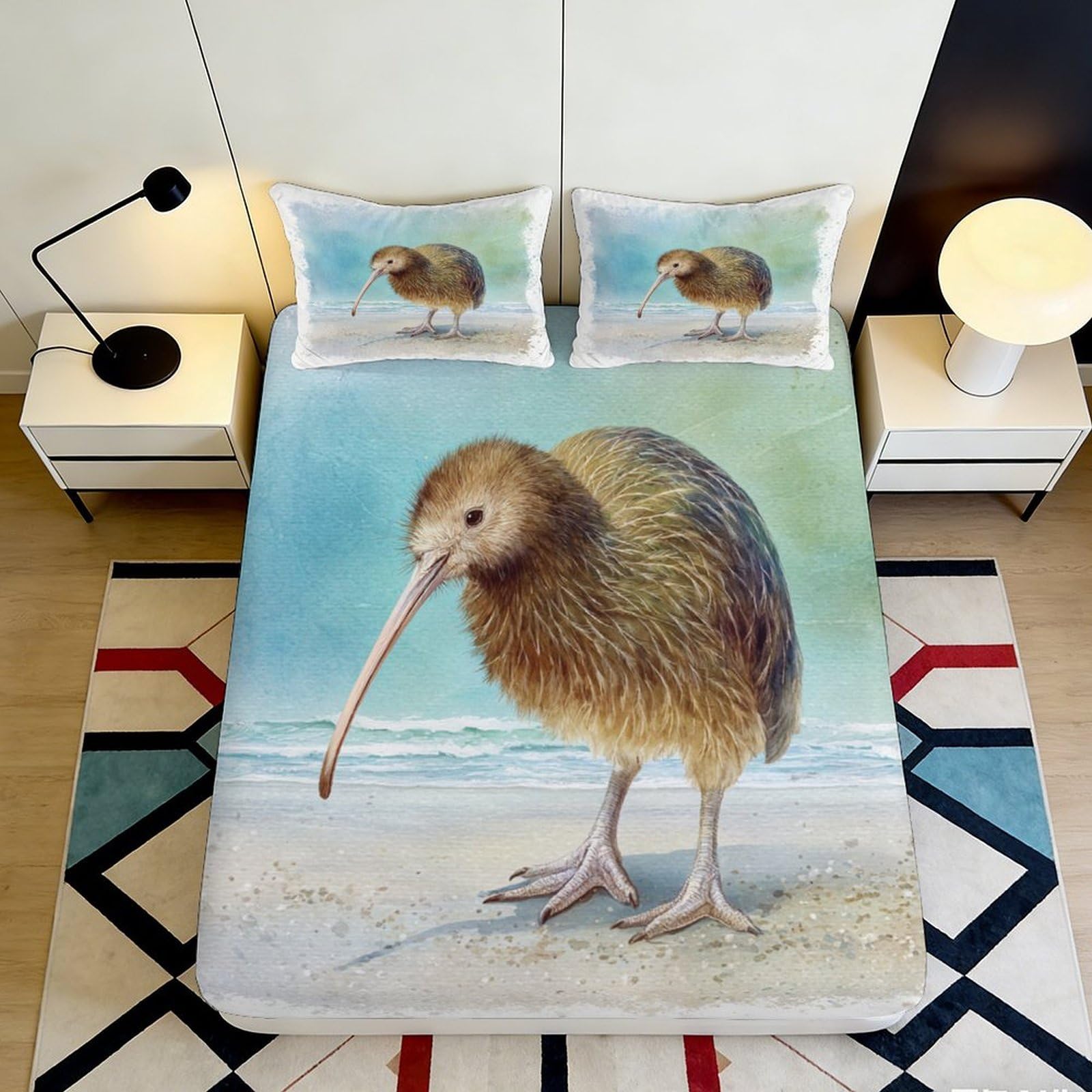 Pnayamiorkfel Style-1 3D Printed Kiwi Bird Beach Fitted Sheet Microfiber Non Slip Bed Cover For Bedroom Guest Room Mattress Protection 90X200x25cm