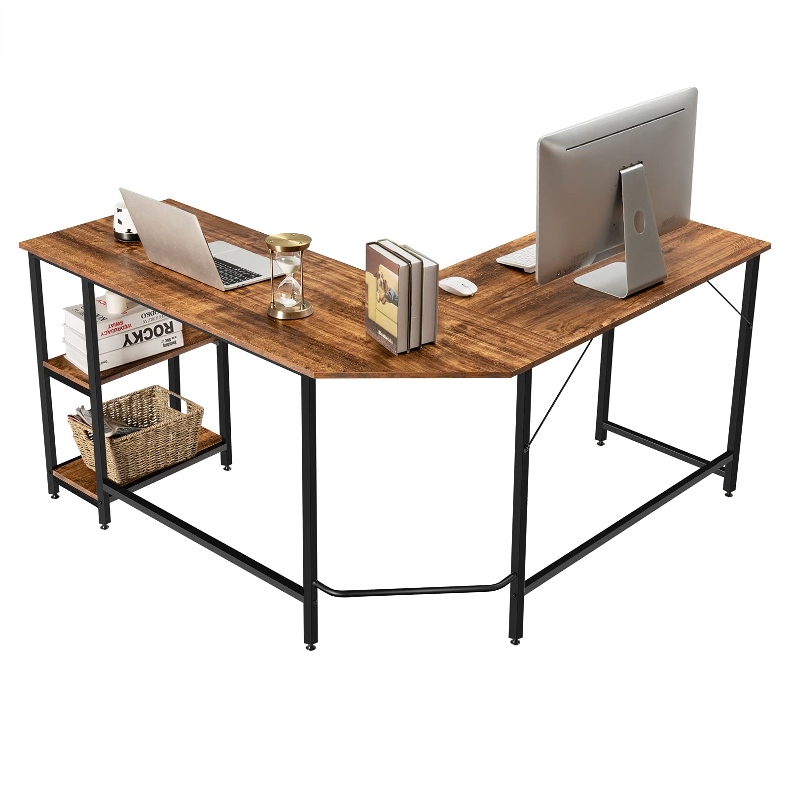 CASART L-Shaped Computer Desk, Wooden Study Writing Table Corner Desk with 2 Open Shelves, Industrial PC Computer Workstation for Home Office (Rustic Brown)