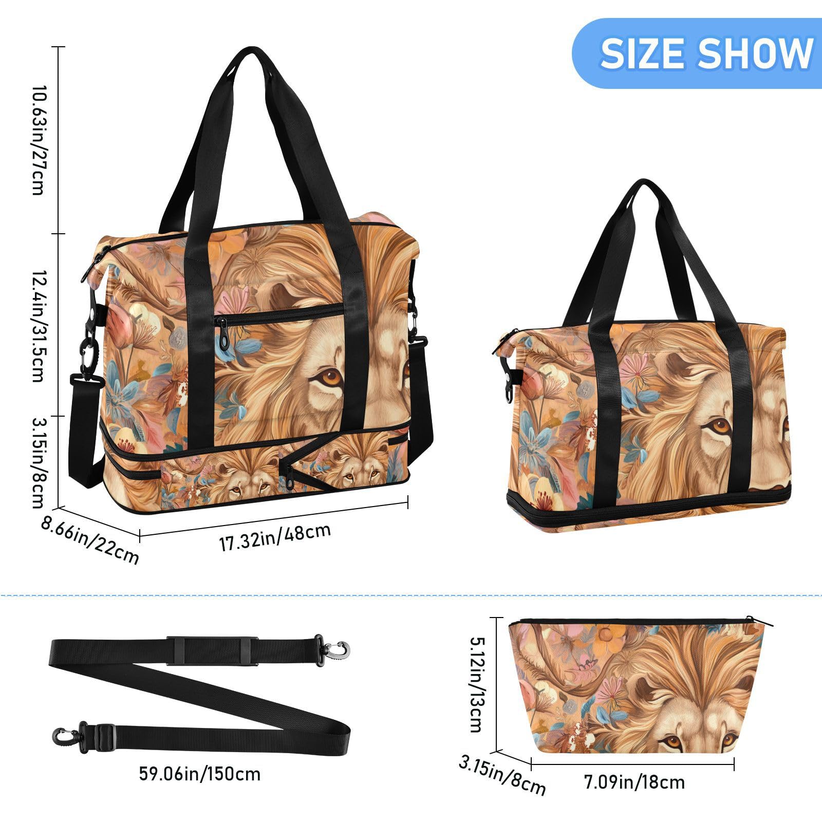 Bolsa de lona para fin de semana con bolsillo húmedo y correa ajustable, diseño de flores de león, para entrenamiento, juego de 2 piezas para hombres y mujeres