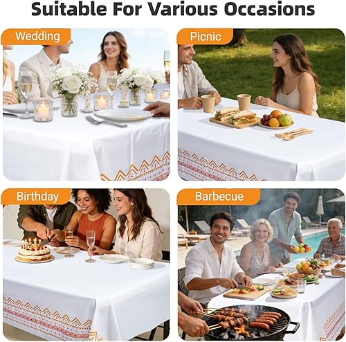 Miniatura 7 de Manteles rectangulares desechables de plástico blanco bohemio de 108 x 54 pulgadas para eventos, bodas, campamentos, baby shower, fiestas, manteles