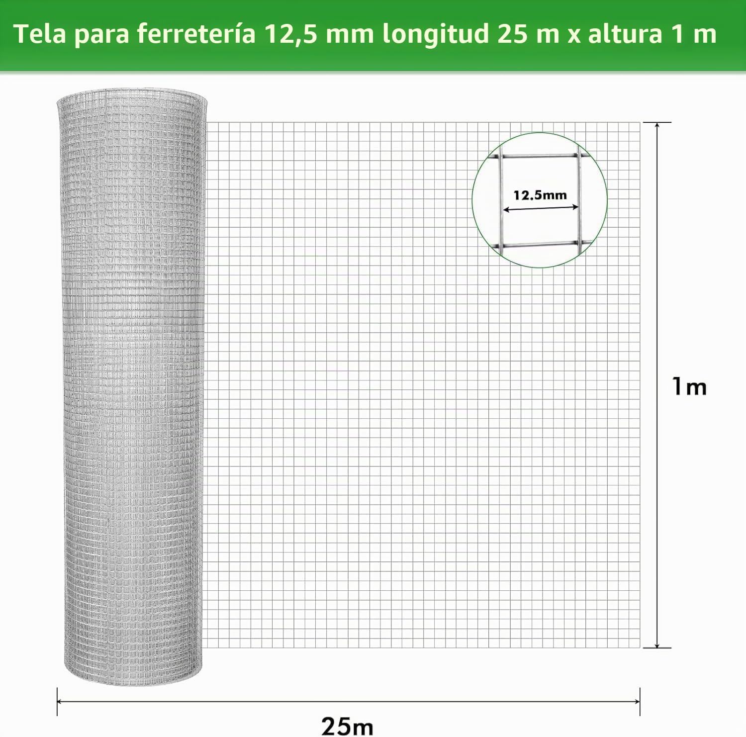 Rejilla de alambre de malla fina, 1 m x 25 m, malla anti-topillo para bancal elevado, alambre galvanizado de 0,7 mm de grosor, malla de 12 x 12 mm, alambre para liebres, alambre para aviario