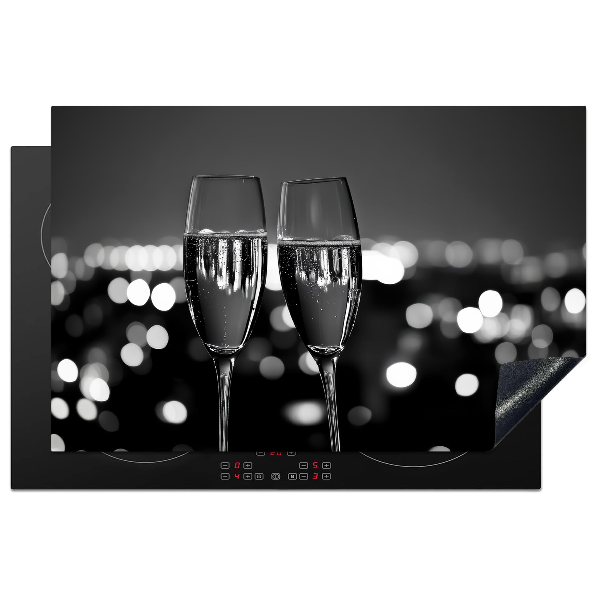 KitchenYeah© Protege Couvre Plaque De Cuisson Décoration Cuisine Tapis Protection Protecteur Induction 80x52 cm Bulles - Cheers - Coupes de Champagne - Lumières de la Ville