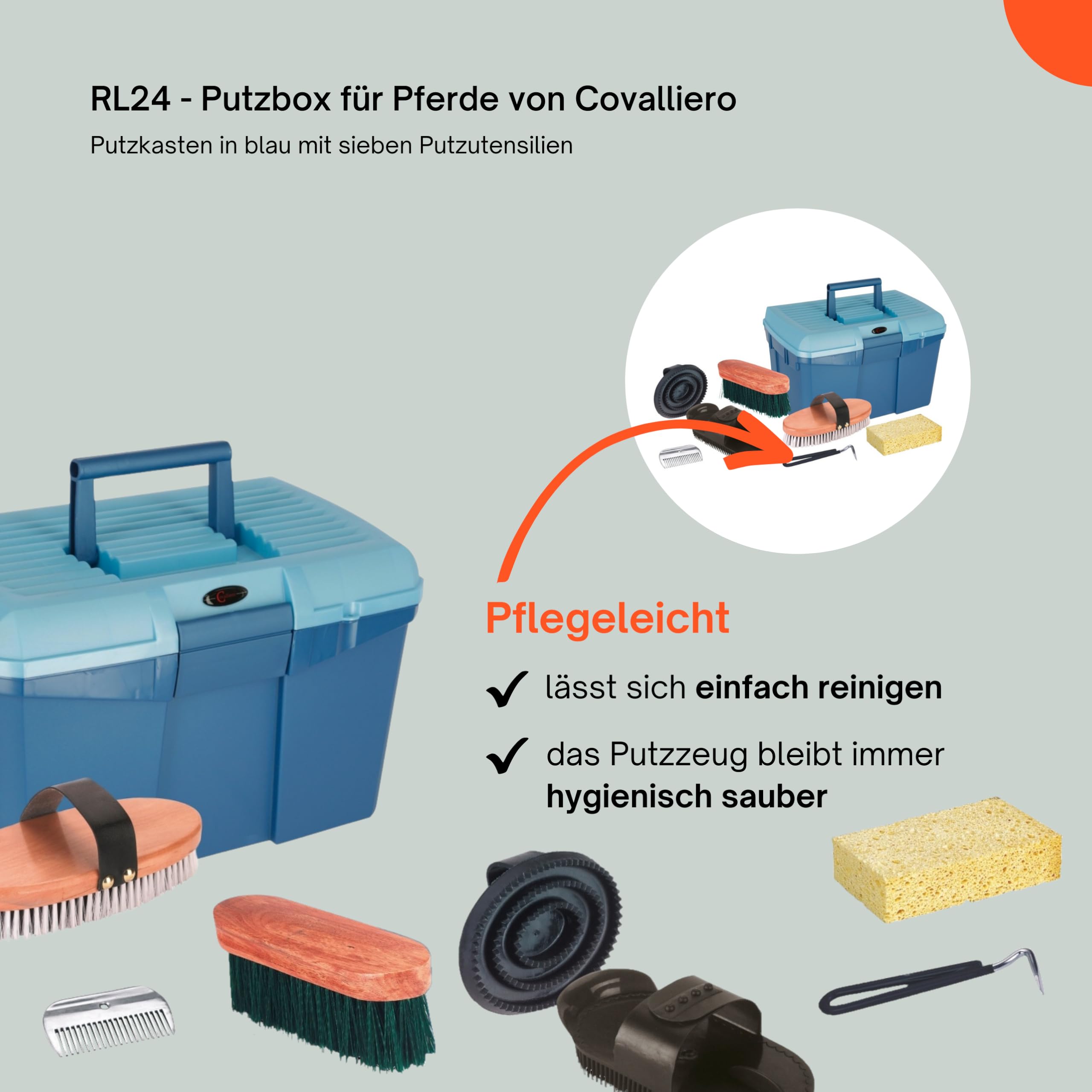 RL24 - Putzbox für Pferde von Covalliero | Putzkasten mit Hufreiniger, Mähnenkamm, Striegel, Schwamm, Kardätsche & Pferdebürste | Putzkoffer für Pferde | Pferdepflege Set 7-teilig