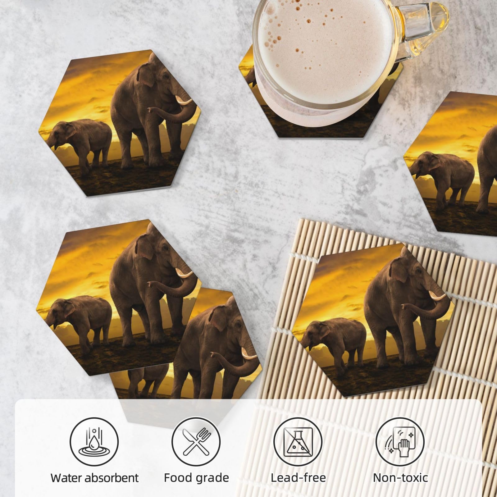 Set di 6 sottobicchieri in ceramica con stampa di elefanti al tramonto, accessori eleganti per la cucina e la casa
