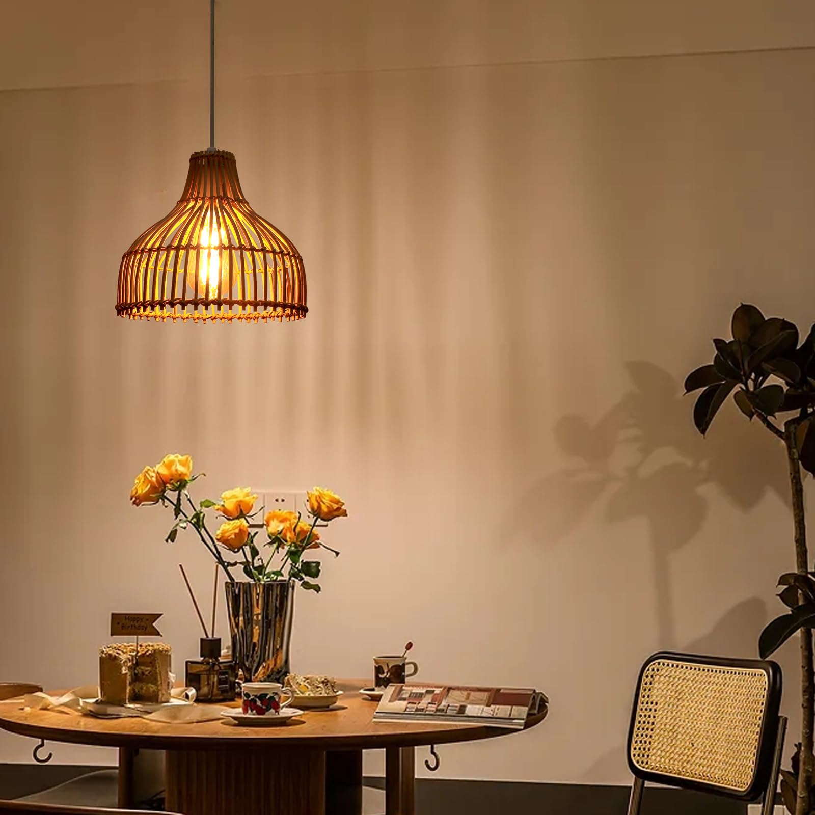 2 Pezzi Lampade a Sospensione Rattan E27 Lampadario Vintage Ø24cm Paralume Bambù Lampadari, Boho Lampada da soffitto Legno per Salotti Cucine Ristoranti Caffè