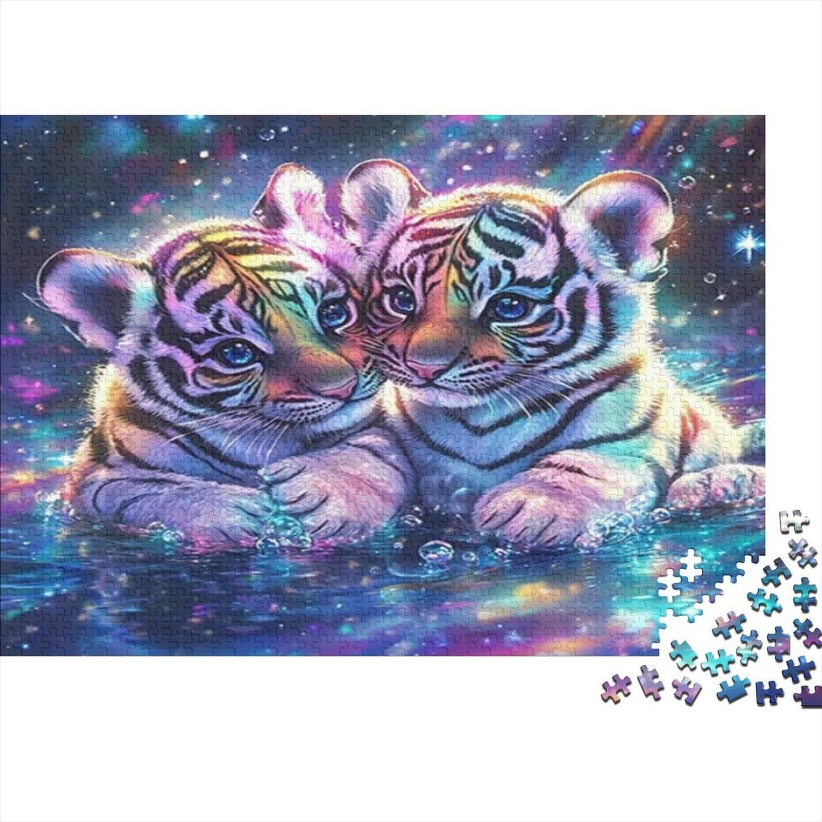 Dreamlike Colourful White Tigers 1000 Piece Jigsaw Puzzle Puzzle Game for Family Paper Adult Night Fantasy Scene Focus Relax Home Gift 52x38cm/1000pcs — image 1