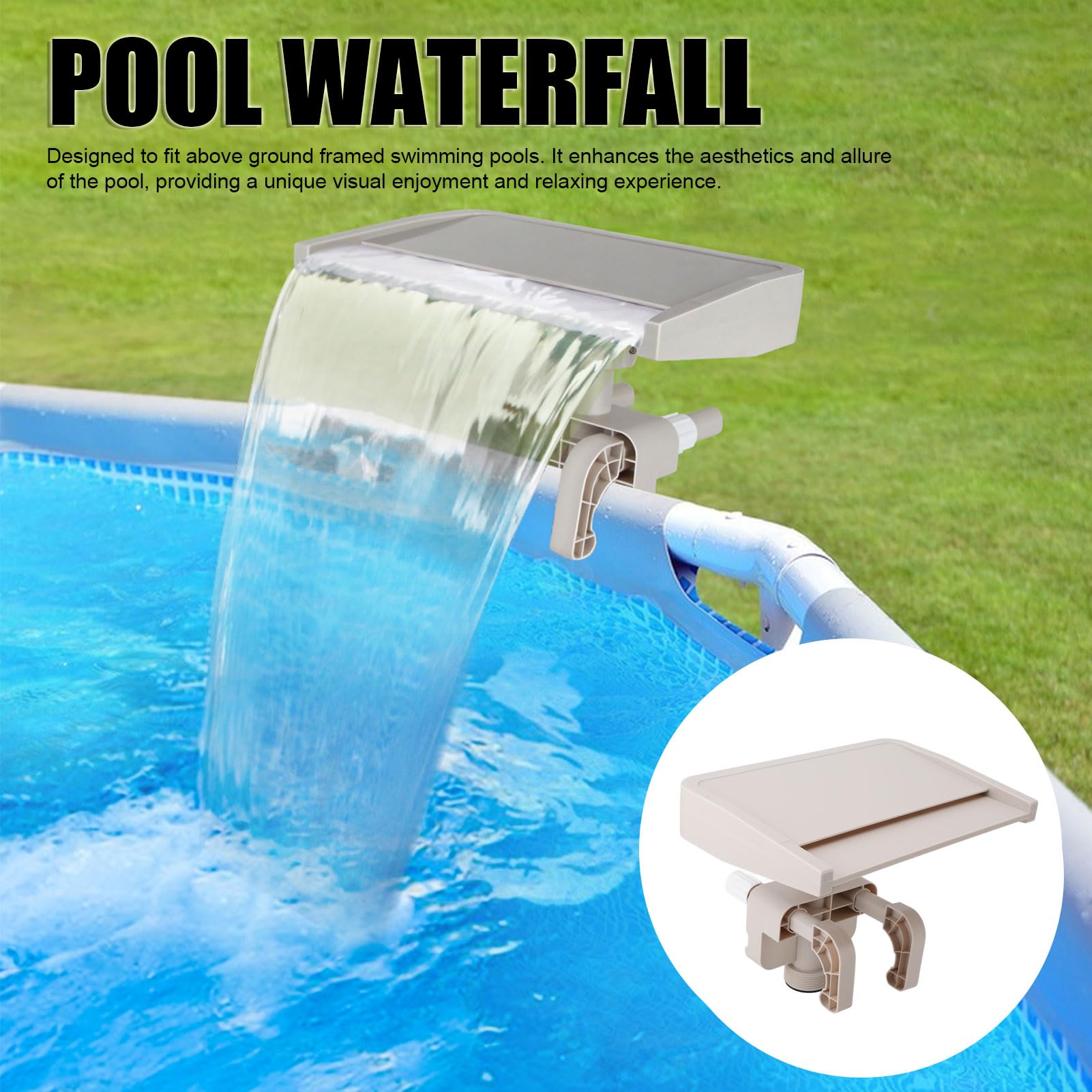 Fuente de Piscina Desmontable con Estructura Resistente, Cascada de Agua para Piscinas elevadas y jardín, fácil instalación, Accesorios de PVC para relajación y decoración, 33.5x23x27 cm