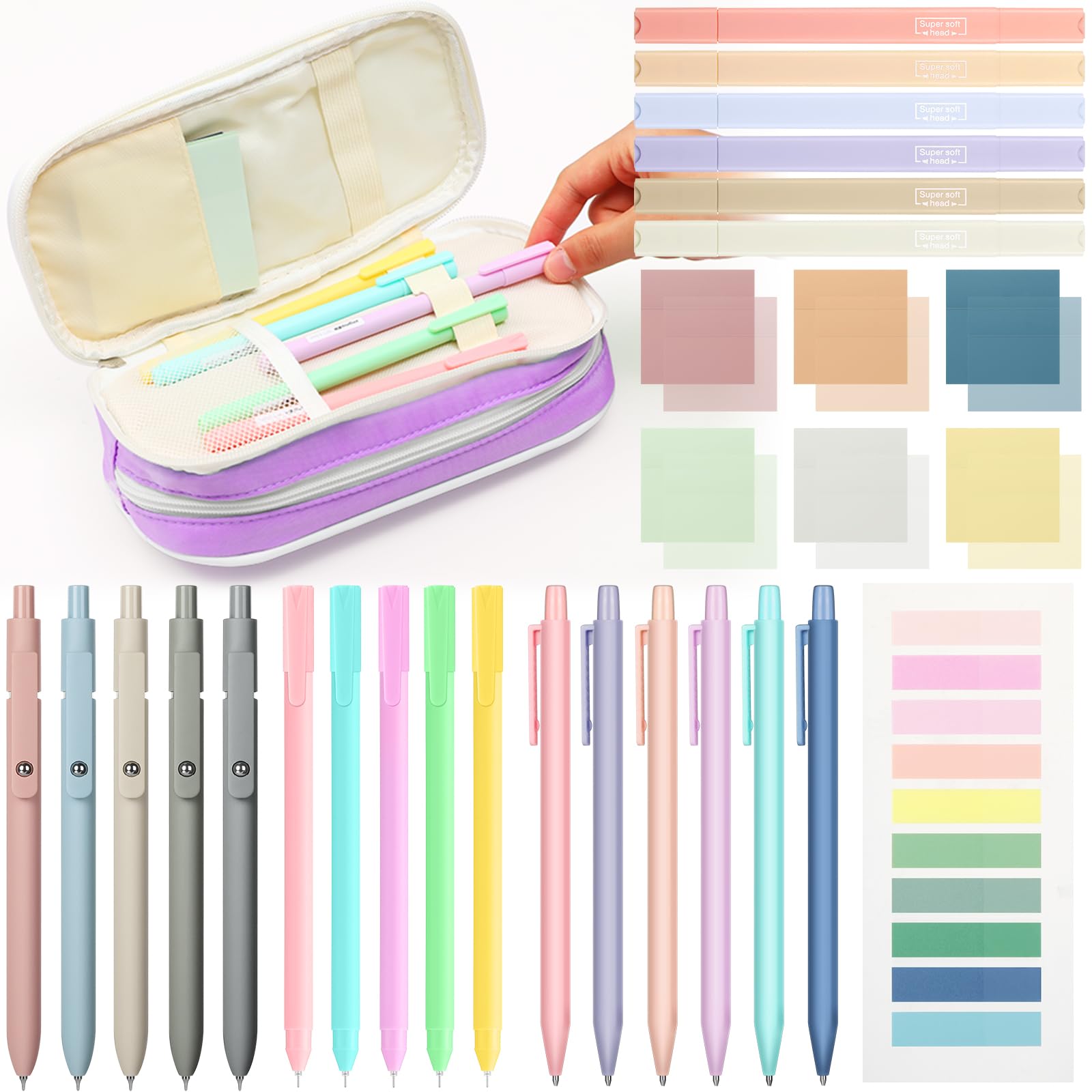 Lincia Ästhetisches Schulbedarf, 6 niedliche Druckbleistifte, 5 farbige Kugelschreiber, 5 schnell trocknende Stifte, 6 Pastell-Textmarker, 6 transparente Haftnotizen, Haftnotizen, Stifteetui für Büro,