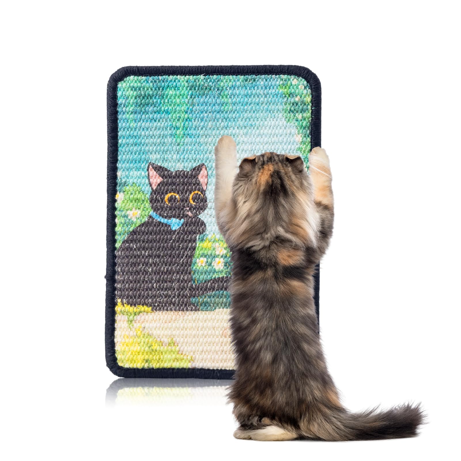 Scratching Board for Cats with Fastening, 32 x 22 cm Cat Scratching Mat, Black Cat in the Garden, Stylish Decoration, Small Size Space-Saving, Small Flats on Doors, Sofa, Floors, Protects Furniture