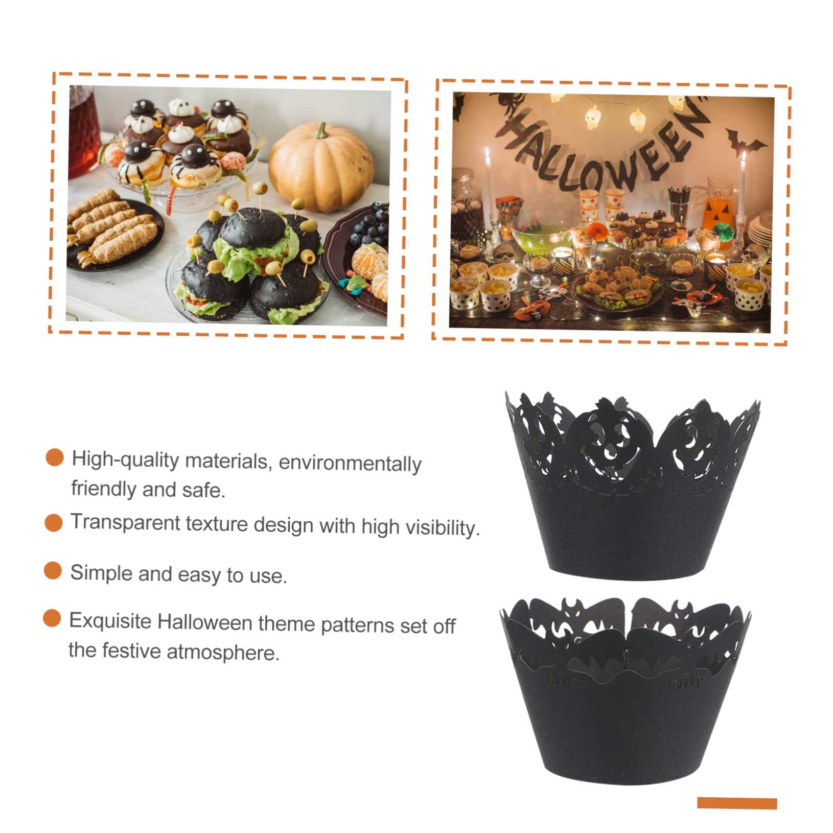 MAGICLULU 150 Piezas Borde De La Torta Revestimientos De Cupcakes De Halloween Decoraciones De Halloween Decoración De Magdalenas Bandejas Negras Ornamento Papel Pastel Elegante