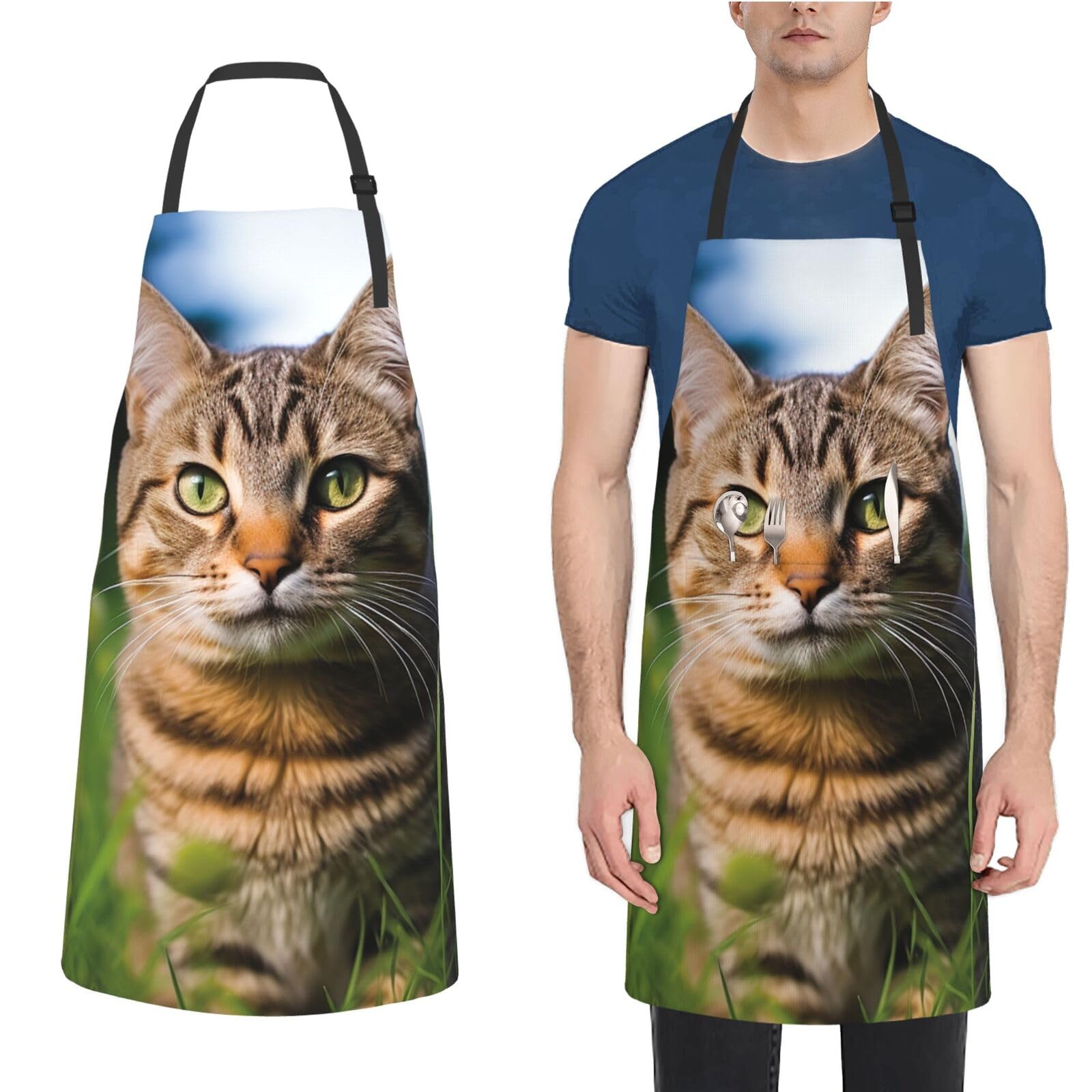 SMAZDFXX Apron Waterproof Apron with 2 Pockets A tabby cat on the grass looking at the camera Apron with Adjustable Neck Chef Cooking Apron for Kitchen