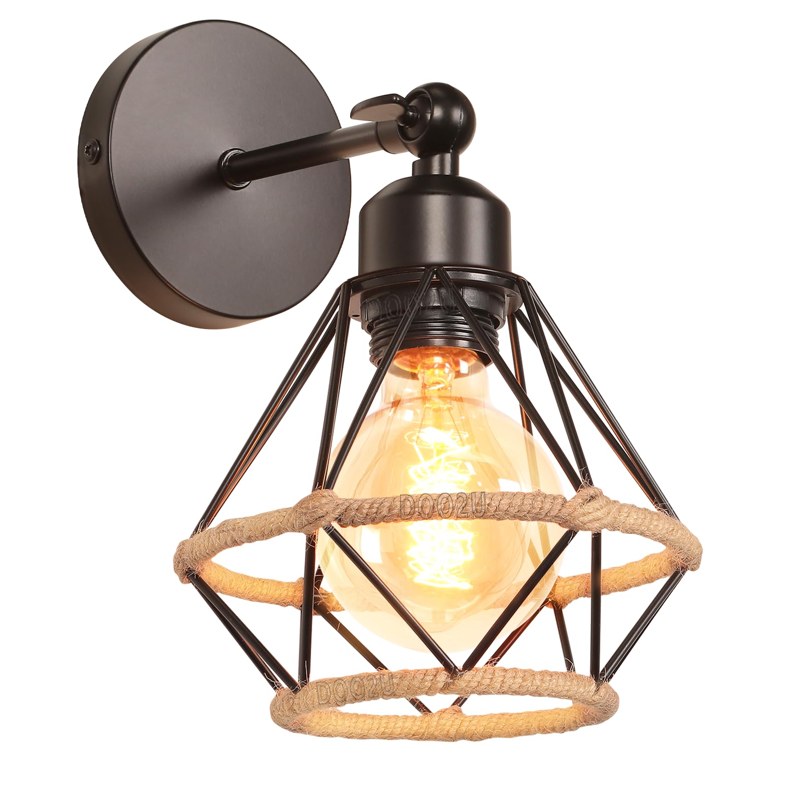 Lámpara de Pared Vintage Industrial Aplique Pared Interior E27 Metal con Cuerda de Cáñamo Retro Diseño de Jaula Luz de Pared Ajustable Iluminación para Dormitorio Pasillo Cocina (Aplique - 1 pieza)