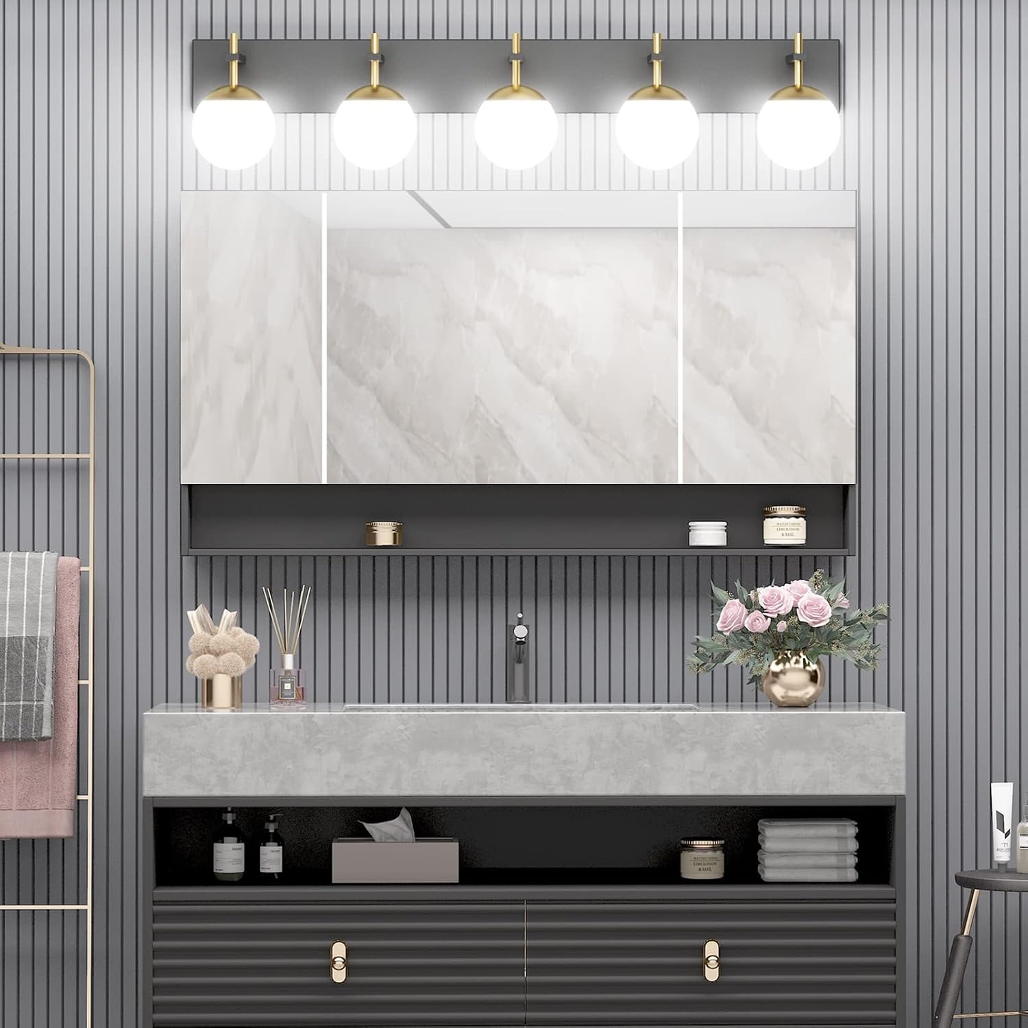 Ralbay Mid Century Modern Vanity Lights - 5-Light Milky Glass Globe Modern Bathroom Vanity Lights Over Long Mirror, Black/Golden Bathroom Wall Light Fixture