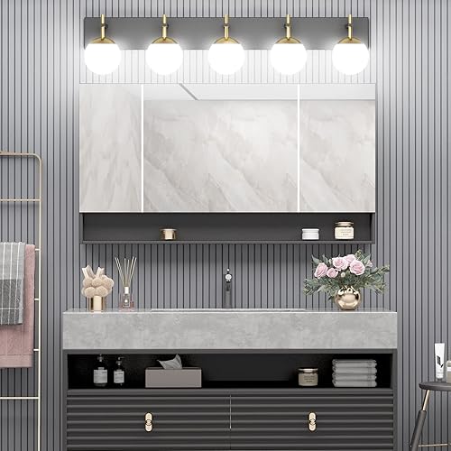 Miniatura 3 de Ralbay Luces de tocador modernas de mediados de siglo, 5 luces de globo de vidrio lechoso modernas sobre espejo largo, lámpara de pared de baño