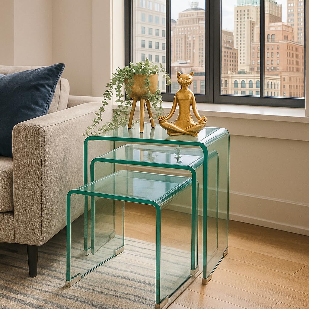 Homely® Juego de Tres Mesas Nido Murano 43-36-30 cm. | Cristal Curvado Templado de una Pieza Grosor 12mm. | Diseño Minimalista Ideal para Salones Modernos (Cristal Transparente)