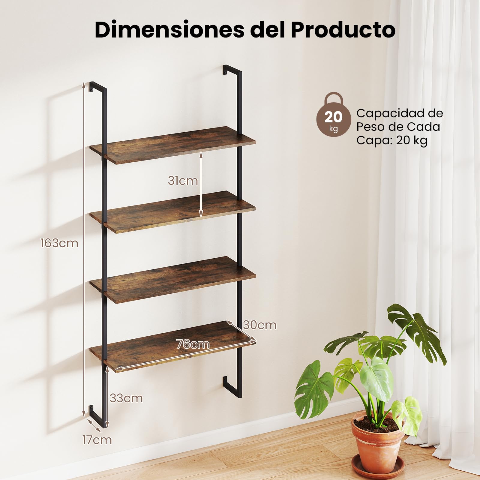 COSTWAY Estanteria Escalera 4 Niveles, Estantería Librería Madera de Pared, Marco de Metal, Salon Baño Dormitorio Habitación, 76 x 30 x 163 cm