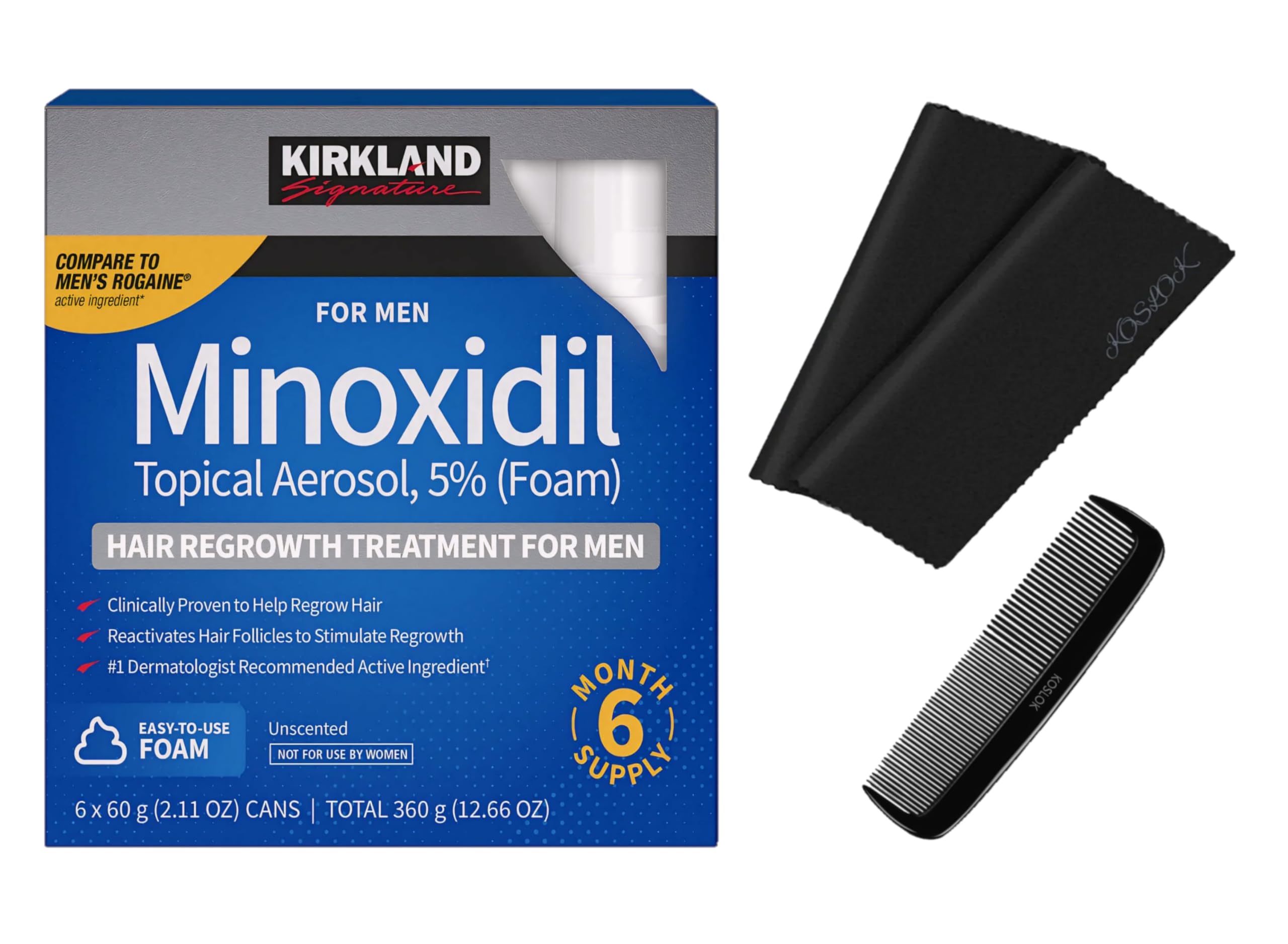 Kirkland Signature Hair Regrowth Treatment Minoxidil Foam for Men, 2.11 oz, 6 Count (6 Month Supply) - 2 MicroFiber Cleaning Cloths and Comb Included