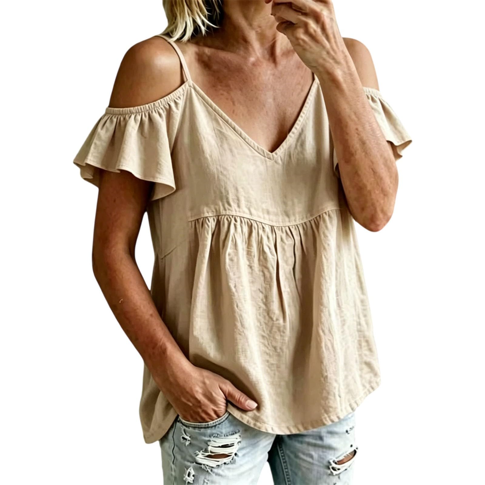 Off-Shoulder Top, V-Ausschnitt, Volantärmel | Lockerer Schnitt, Raffung, Baumwolle Leinen - Lässige Sommerbluse für Freizeit