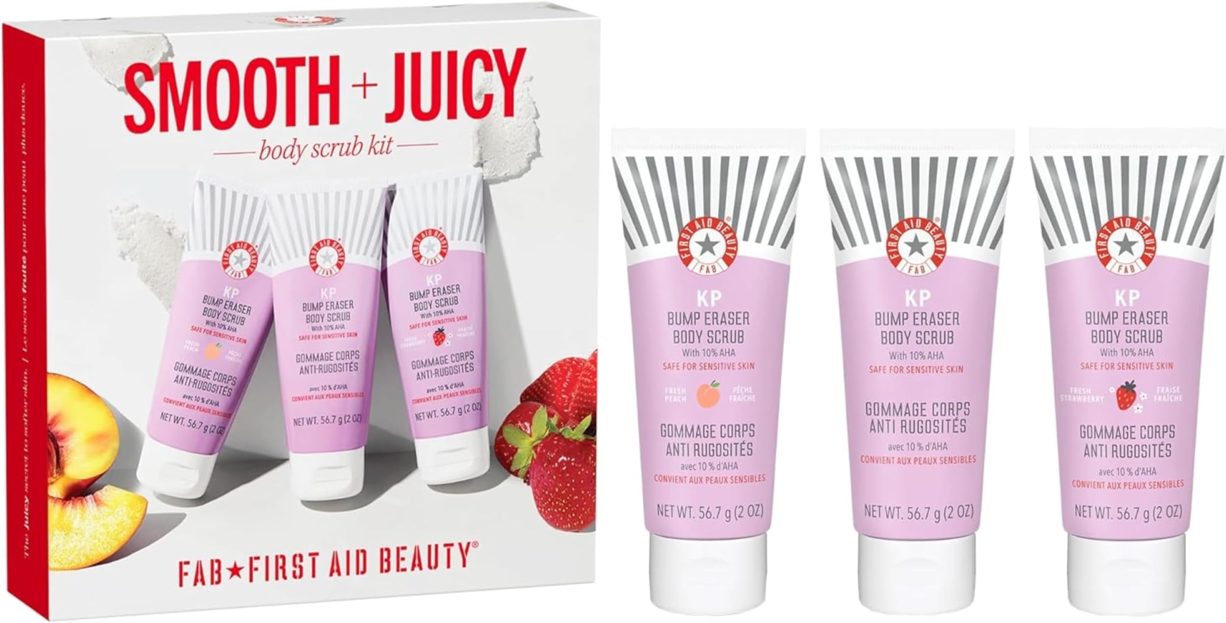 First Aid Beauty Smooth + Juicy Body Scrub Kit: KP Bump Eraser Body Scrub with 10% AHA, Daily Exfoliation Keratosis Pilaris Set to Help Reduce Chicken Skin Bumps; Strawberry, Peach, & Original (2 oz)