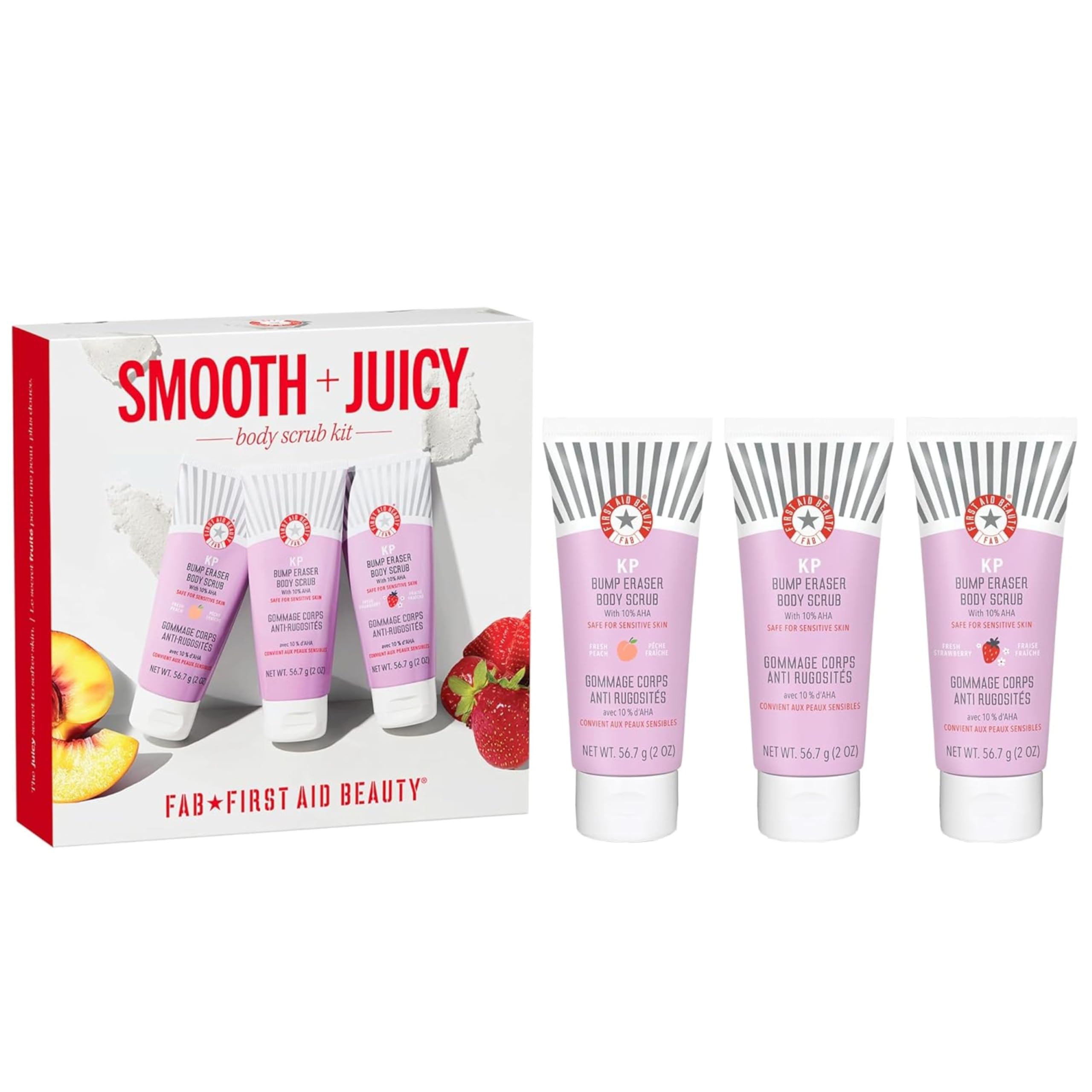 First Aid Beauty – Coffret Smooth and Juicy Scrub : 3 gommages corps KP format voyage qui exfolient pour révéler une peau visiblement plus lisse, plus saine et éclatante – lot de 3
