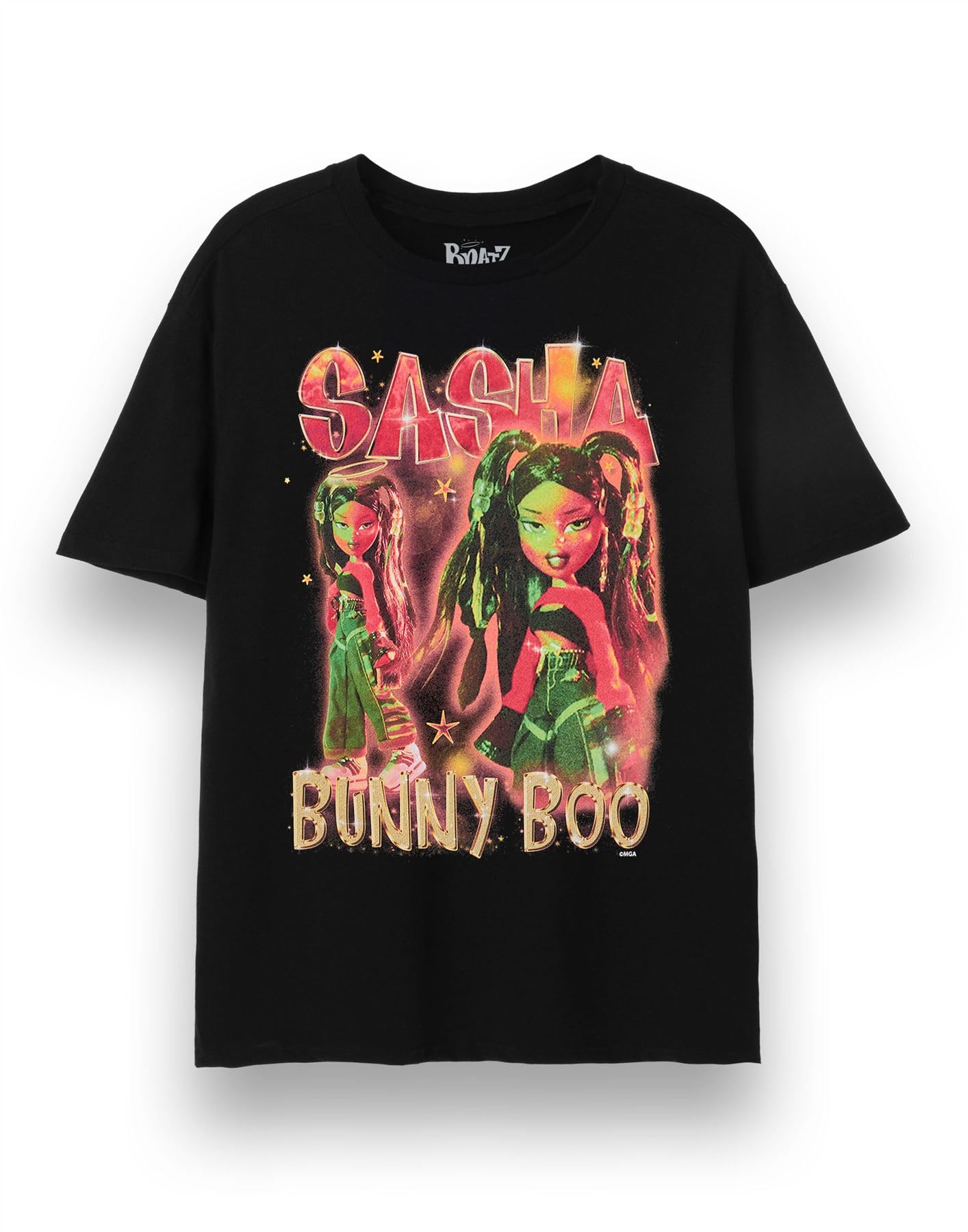 Bratz Sasha Womens T-Shirt | Y2K Bling Short Sleeve Graphic Tee in Black | Bunny Boo Classic Doll Chrome Relaxed Fit Apparel Top | Nostalgic Doll Character Merchandise Gift
