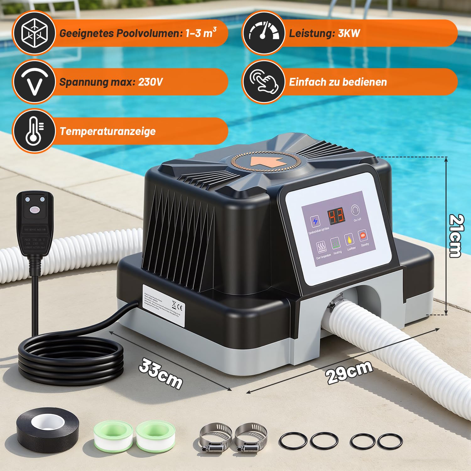 Poolheizung Elektrisch 3000W, Elektrische Poolheizung mit Digitalanzeige,Temperaturregelung 37–45°C,für Outdoor Pool,RCD Schutz, Kippschutz, Pool Heizung Elektrisch für 32/38 mm Schlauch