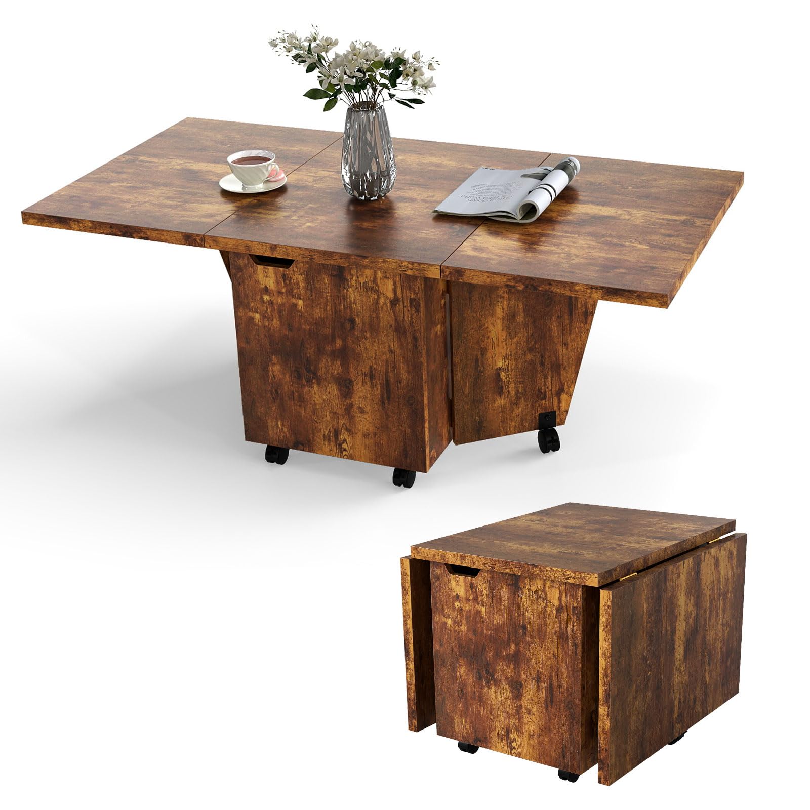 COSTWAY Folding Coffee Table, Drop Leaf Extendable Center Table with Storage Door Cabinet and Wheels, 120cm Rectangular Rolling Accent Sofa Side Tea Tables for Living Room, Small Spaces (Rustic Brown)