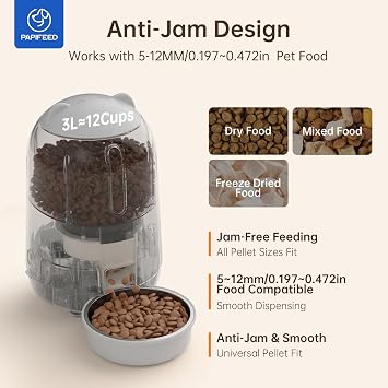 PAPIFEED Automatic Cat Feeder with App, WiFi Auto Cat Feeder, 3L Slow-Feed Cat Food Dispenser for Dry Food, Dual Power Supply Timed Pet Feeder for Cat, 10 Meals/Day, 6 Portions/Meal, Grey