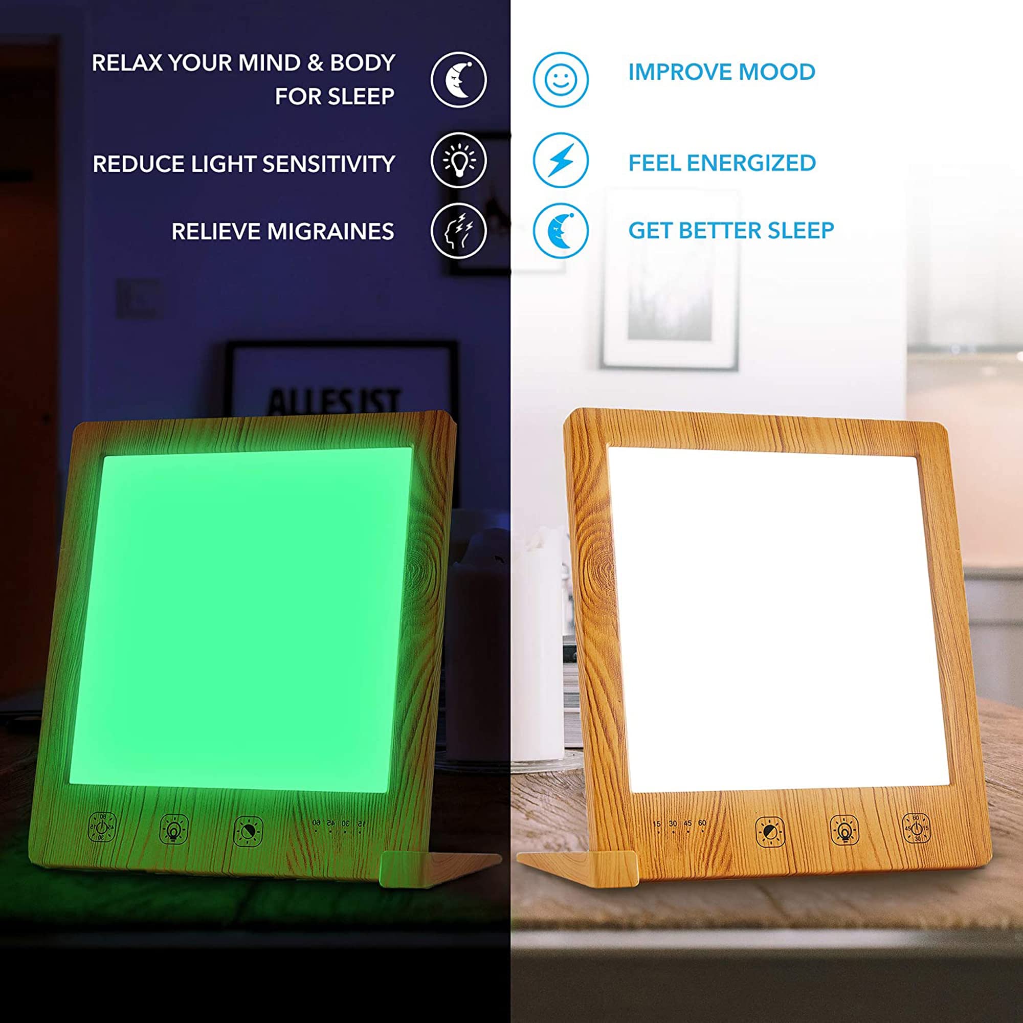 Multi Focus White and Green Light Therapy Lamp Sun Box- for MIGRAINE sufferers- 10000 Lux LED UV-Free with Touch Timer Function, Adjustable Brightness Control- Happy Mood Light (Wood Grain)