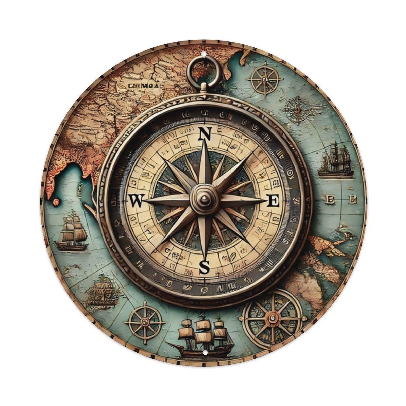 Ldfuieksufg Style Vintage Nautical Compass Map Round Decorative Sign Vintage Aluminium Metal Sign, Retro Wall Decor For Home, Bar, Garage & Farmhouse 20X20cm
