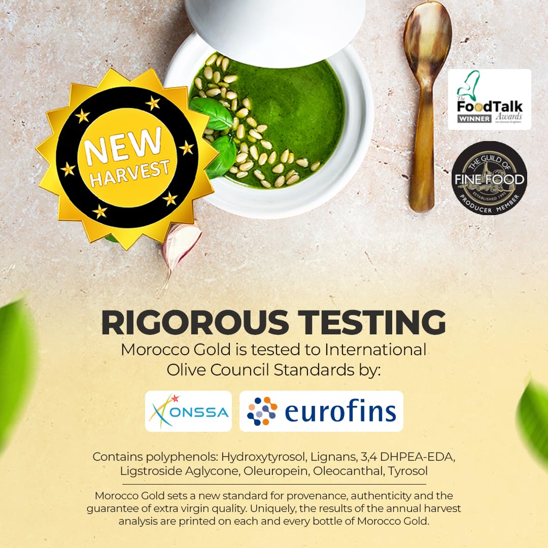 Morocco Gold Récolte Précoce Extra Vierge huile d'olive – Pressée à Froid – Riche en Polyphénols 652mg/kg Huile Olive Récolte Fraîche - Pure et Naturelle huile D Olive - 500ml/17 Fl Oz