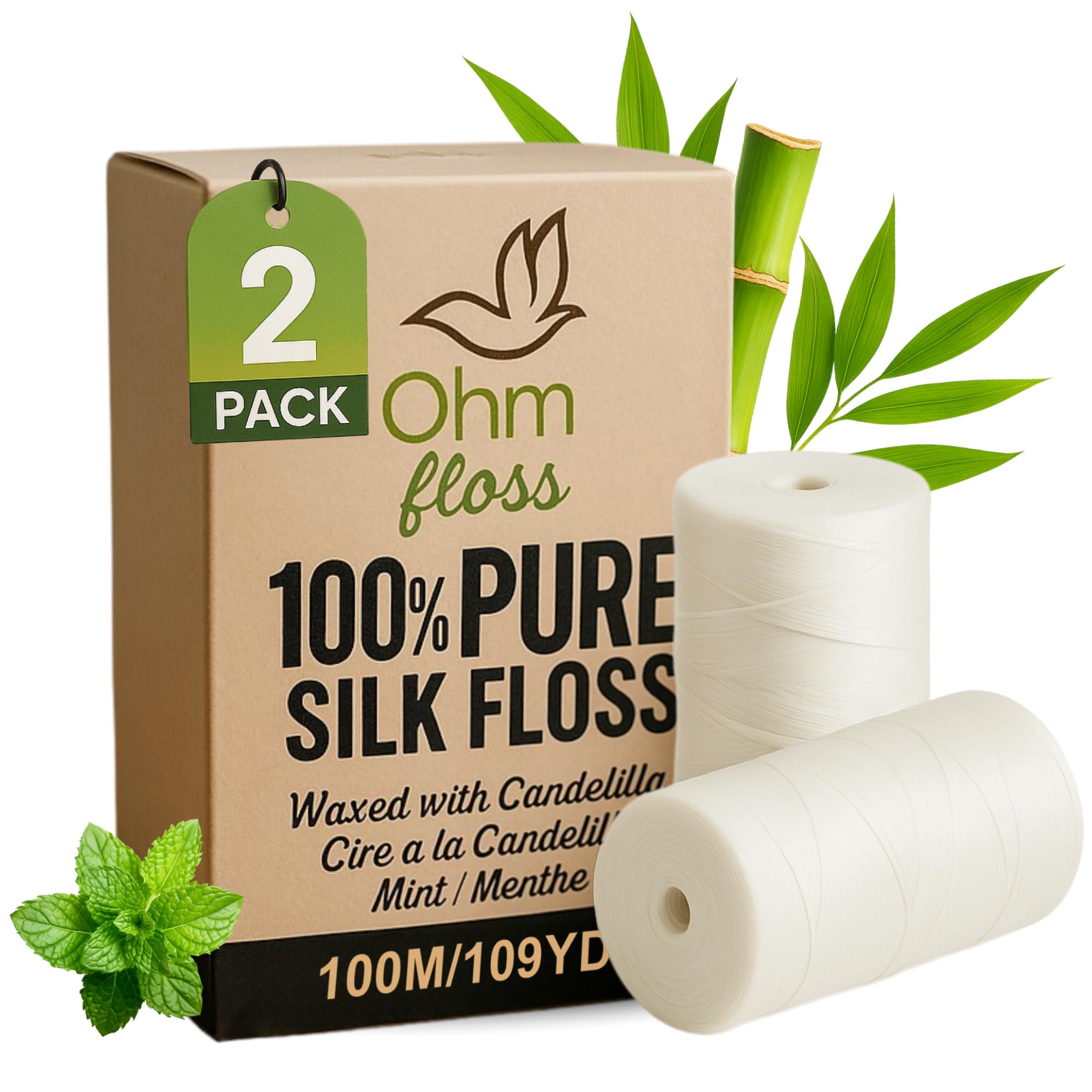 Ohm Earth’s Ohm Floss Refill – Natural Silk Dental Floss for Refillable Bamboo/Steel Holder, Candelilla Wax, 100% Compostable, Eco Oral Care, 110 yds/100m (2-Pack) Natural Mint