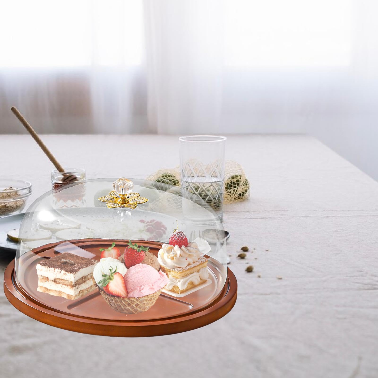 Présentoir à Gâteau avec Couverceau de Présentation à Pâtisserie Plat de Service à Dessert Cloche Transparente Bois TPE Adapté Table de, Rond 30x16cm