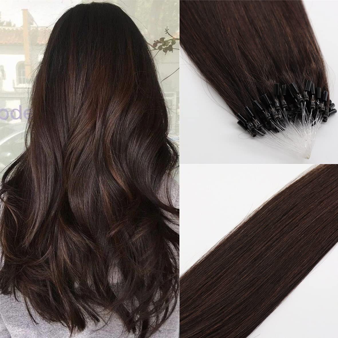 1g/Strand 50Strands 50g Micro Ring Beads Hair Extensions Real Human Hair Silky Straight Micro Loop Human Hair Extensions 18 inch Color #2 Dark Brown Micro Link Hair Extensions