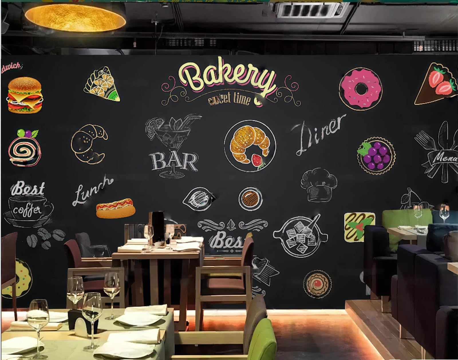XDOUBAO Wallpaper Hand-Painted Blackboard Color Graffiti Fast Food Dessert Shop Afternoon Tea Coffee Shop Background Mural Western Restaurant Wallpaper,3D,300x210cm