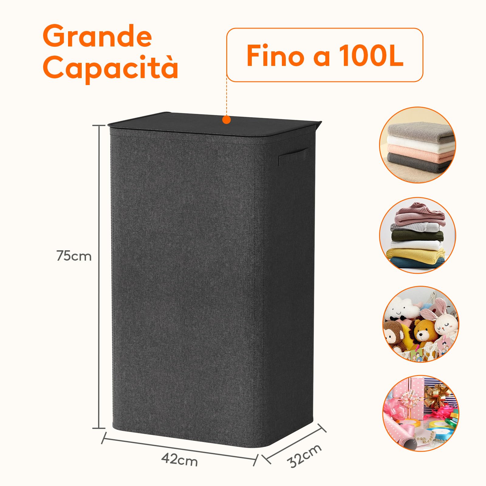 Lifewit Cesta Portabiancheria Salvaspazio con Coperchio 100L, Cesto Portabiancheria con Borsa Rimovibile, Portabiancheria Sporca Pieghevole per Camera da Letto, Bagno, Lavanderia, Nero