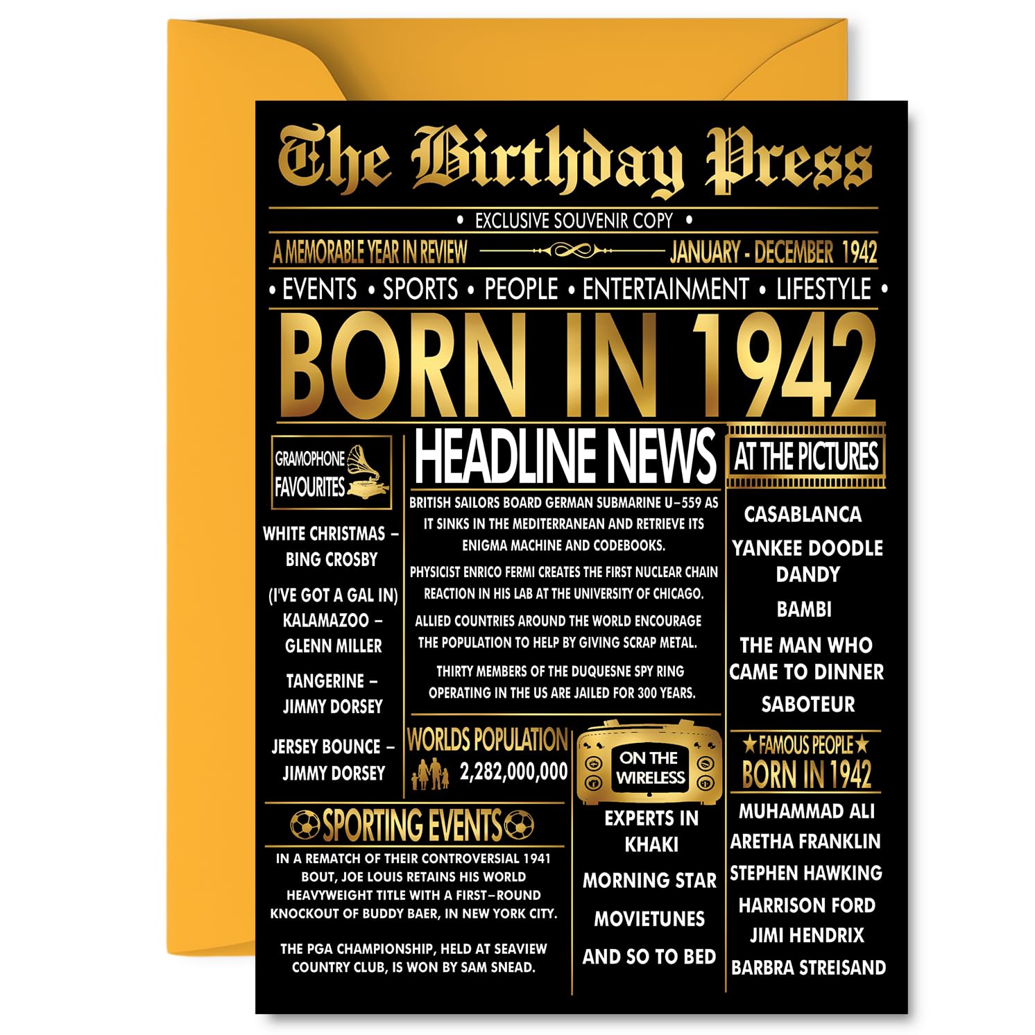 Gold 84th Birthday Card for Men Women - Black & Golden Newspaper Born in 1942 - Happy 84 Birthday Cards for Grandad Wife Auntie Nanny Uncle Grandma, 5x7 Inch Bday Greeting Cards