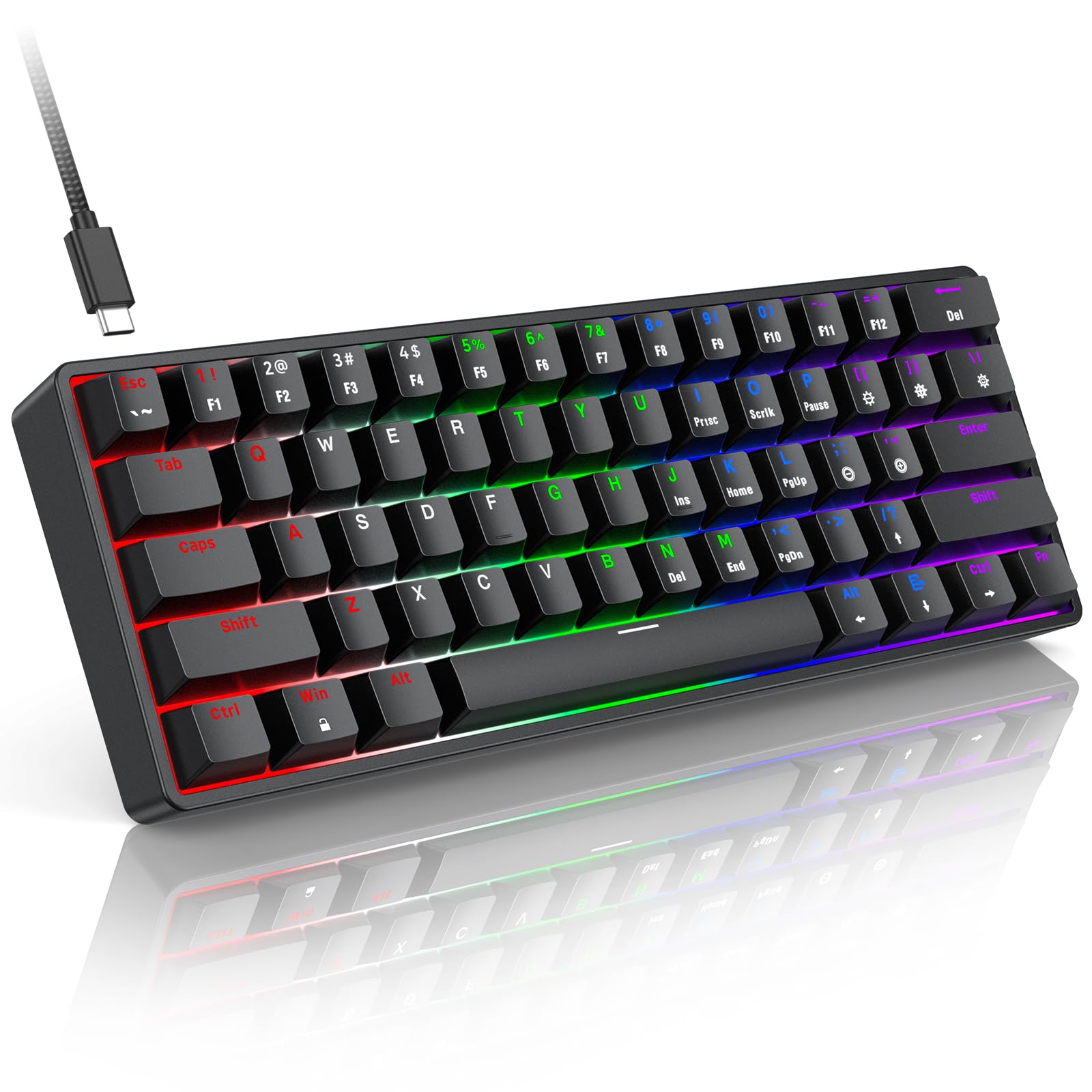 TECURS 60 Compact Mechanical Keyboard for Mac Windows PC Ideal for Office Gaming 61 Keys RGB Backlit Wired