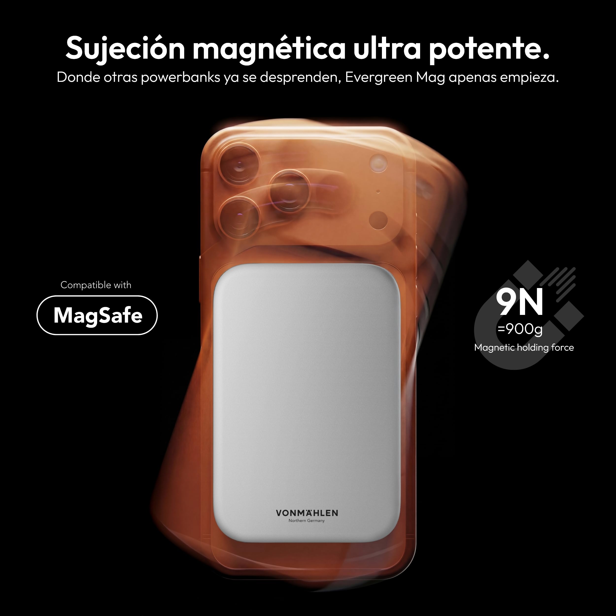 VONMÄHLEN Evergreen Mag - Batería externa inalámbrica compatible con MagSafe - Cargador portátil con 3000 mAh y 7,5 W de carga inalámbrica, batería externa magnética, 3 años de garantía, solo 5,8 mm