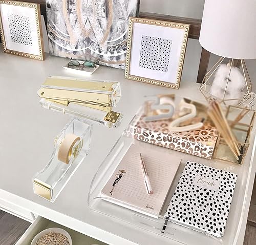 Miniatura 2 de Dispensador de cinta acrílica dorada engrapadora de escritorio dorada suministros de oficina de acrílico incluye removedor de grapas cinta kit de