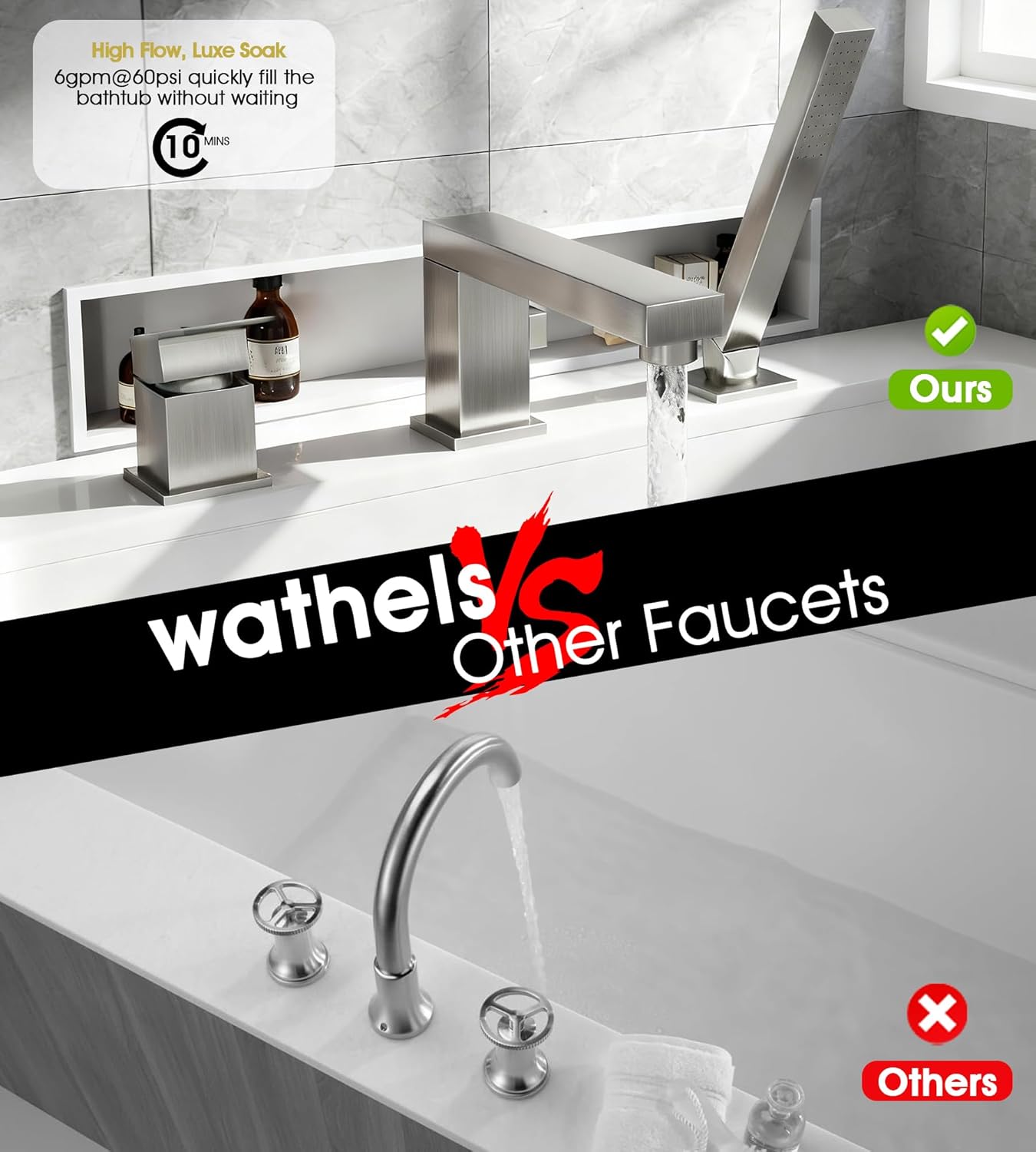 Modern Roman Tub Faucet with 360° Rotated Spout, Deck Mount Bathtub Faucet with Hand Shower, Widespread 3 Holes Bath Tub Filler Faucet Rough In Valve Included (Brushed Nickel)