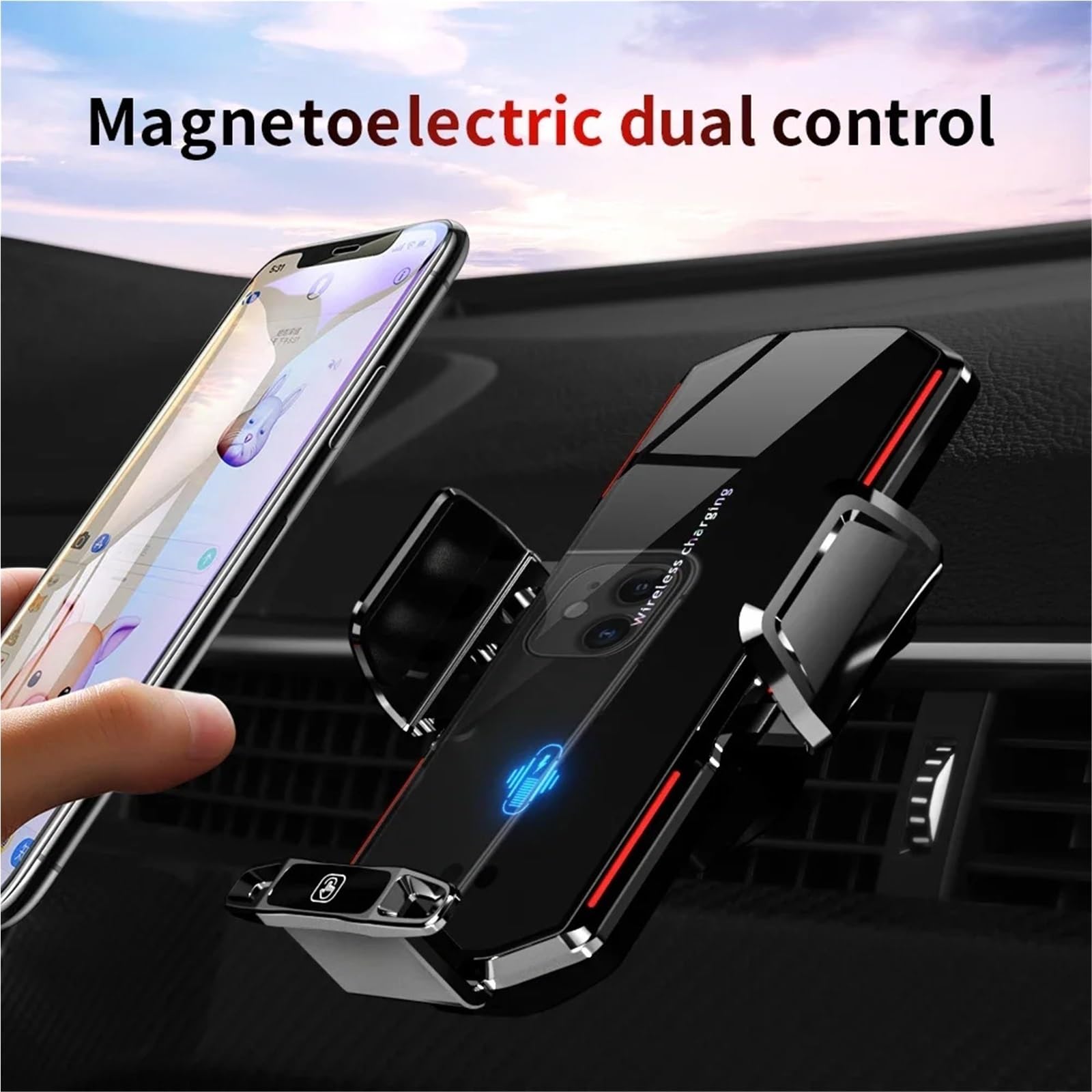 Accesorios Coche Porta Smartphone Supporto per Caricabatterie Wireless con Ventosa per Auto, sensore tattile per 11, 12, 13, 14 PRO Max, Supporto Magnetico per Telefono(Black Vents)