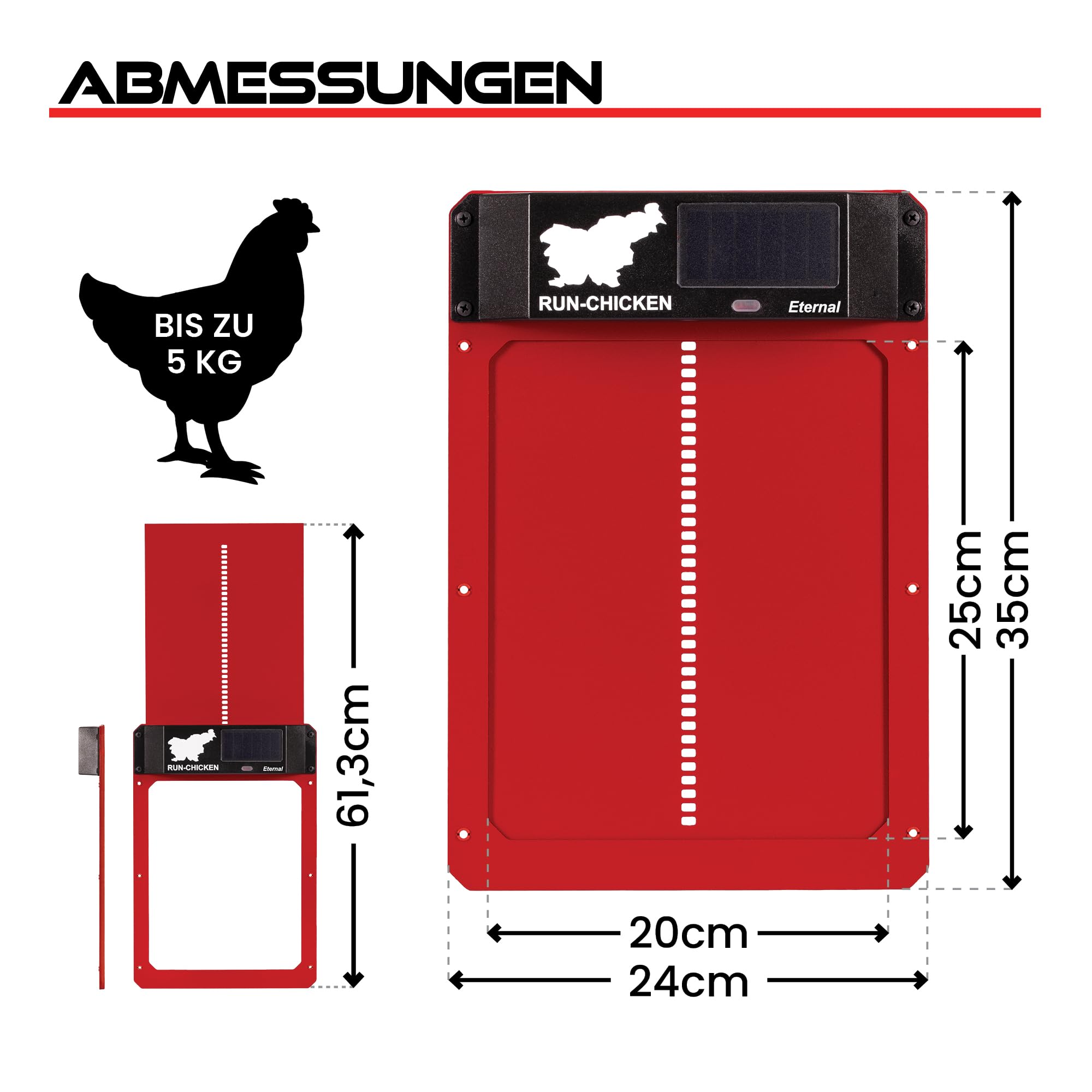 Solar Hühnerstalltür, batteriebetriebene automatische Hühnertür mit Timer und Lichtsensor, programmierbar, rot