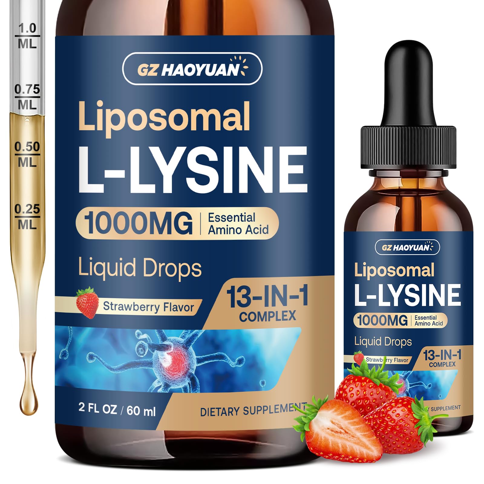 Liposomal L-lysine 1000MG Liquid Drops, 13-in-1 Lysine Monolaurin Supplements – Olive Leaf Extract with Vitamin C, B6, D3, B12 & Zinc for Collagen, Lip, Skin & Immune Support,Strawberry Flavor,2Fl Oz Strawberry 2 Fl Oz (Pack of 1)