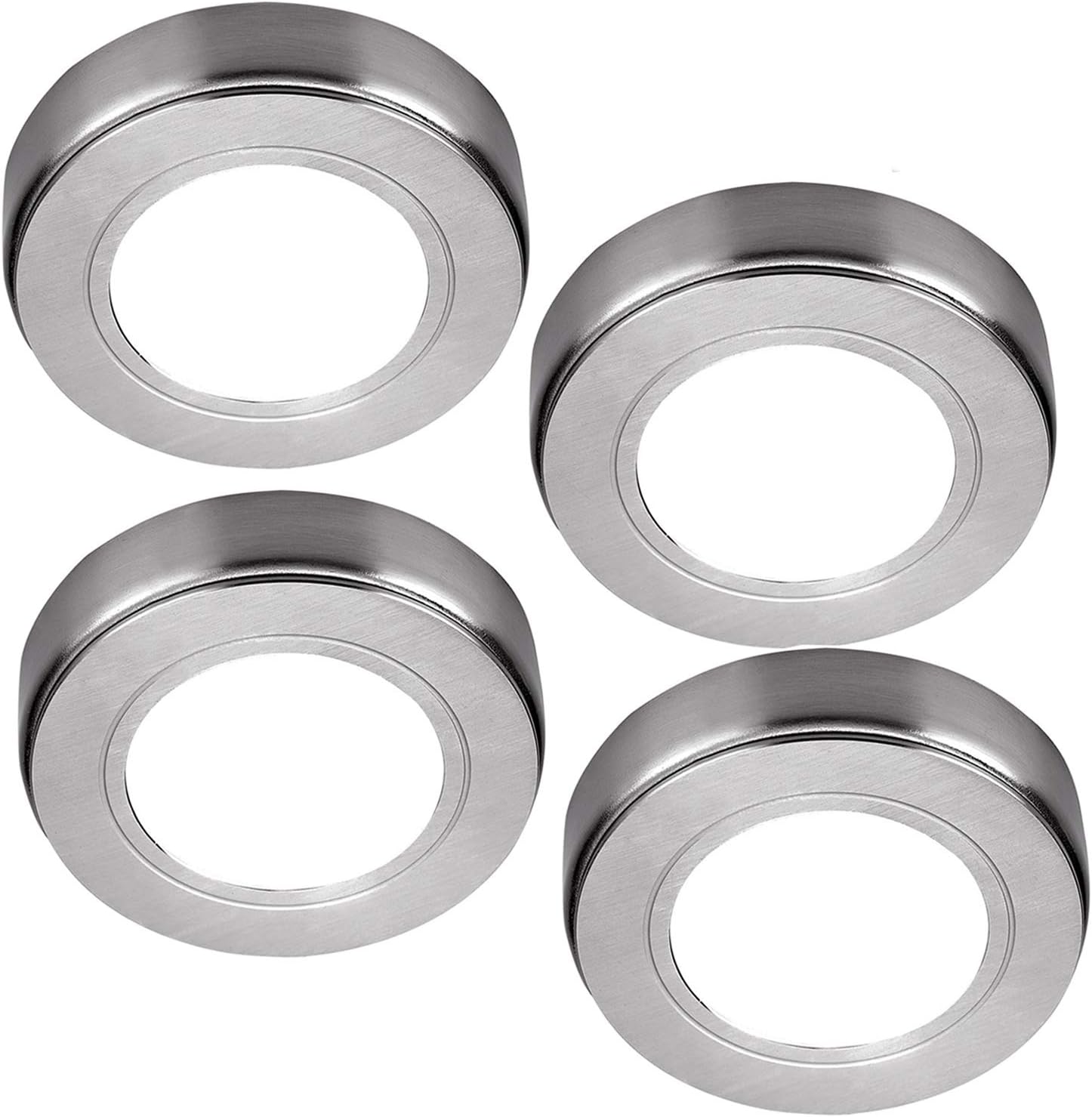Loops 4 Pack | Bright 2.6W LED Under Cabinet Spot Lights & Driver Kit | Kitchen Worktop Countertop Cupboard Unit Down Light | Modern Round Lighting Brushed Nickel 4 Lights & Driver