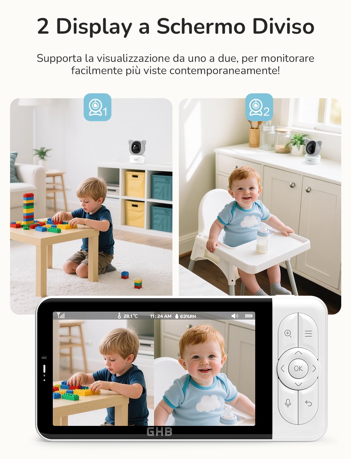 GHB Baby Monitor Video e Audio 5", Telecamera 2K, 350°/65° PTZ, 3000mAh, Controllo Tramite App e Monitor IPS, Rilevamento di Movimento/Pianto/Temperatura, Visione Notturna