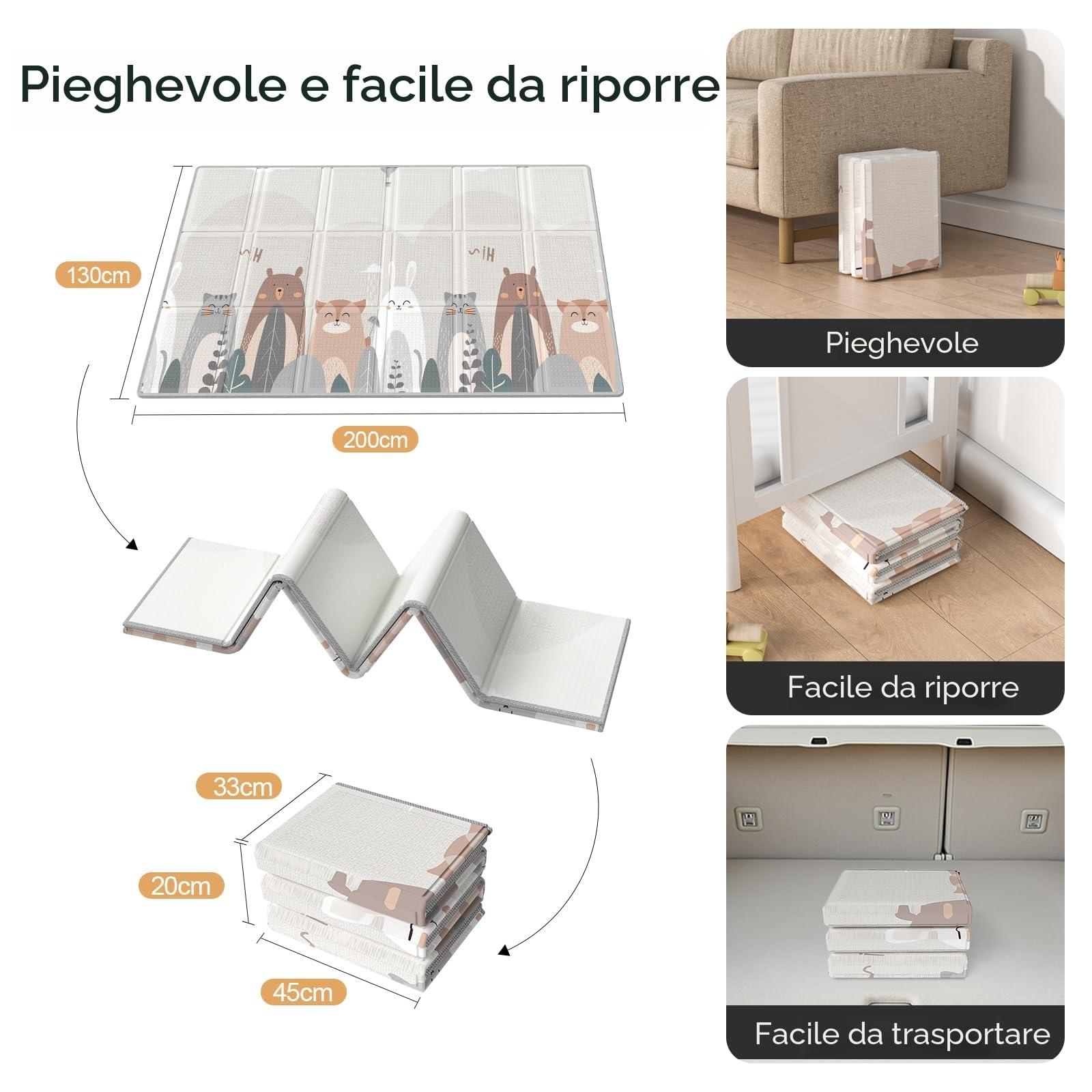 200x130 Tappeto da Gioco Pieghevole, Impermeabile Tappetone Pieghevole per Bambini, Neonati Reversibile e Non Tossico Tappeti Bambini Gioco con Borsa di Trasporto