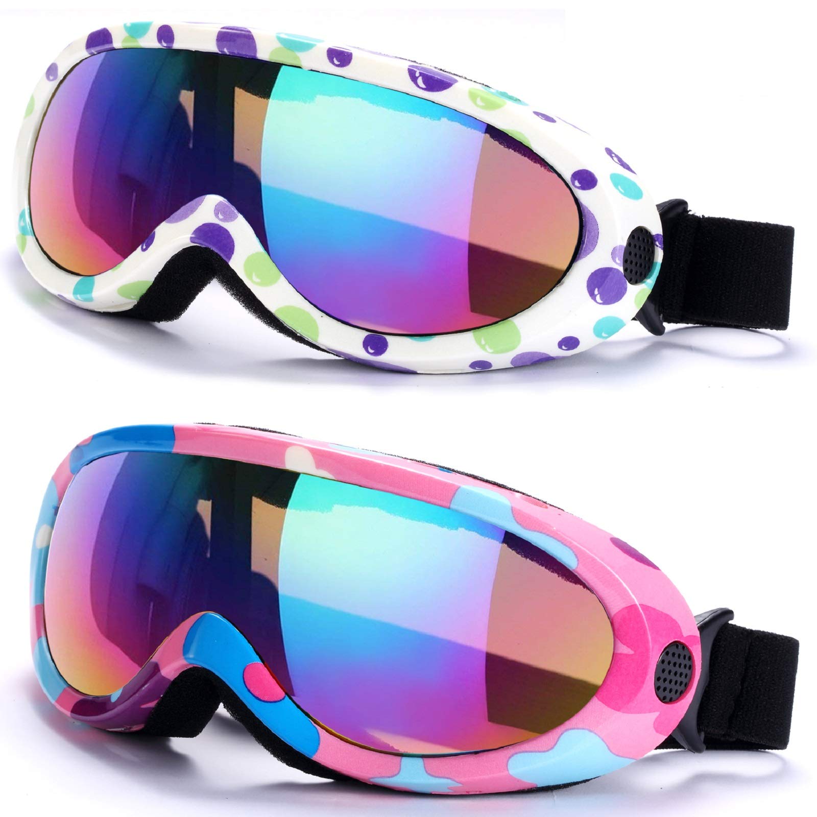 RNGEO Ski Goggles, Pack of 2, Snowboard Goggles for Kids, Boys & Girls, Youth, Men & Women, with UV 400 Protection, Wind Resistance, Anti-Glare Lenses, 2018 New Edition