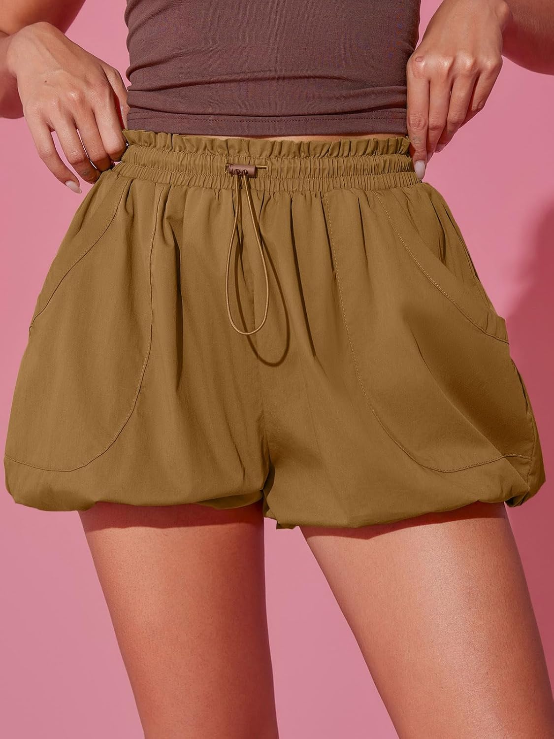Fisoew Womens High Waisted Bubble Shorts Drawstring Elastic Workout Athletic Summer Puffy Mini Skirts with Pockets Brown - Image 5