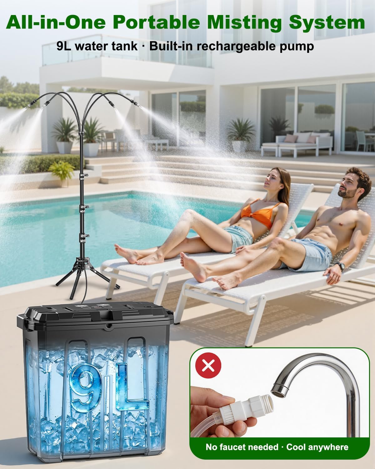 Ausic Portable Misting System with Stand, Water Cooling Misters Set for Outside Patio - 9L Bucket Built-in 10000mAh Battery & PCS Pump & Timer for Outdoor, Canopy, Sport, Golf, Beach, Greenhouse, Camp